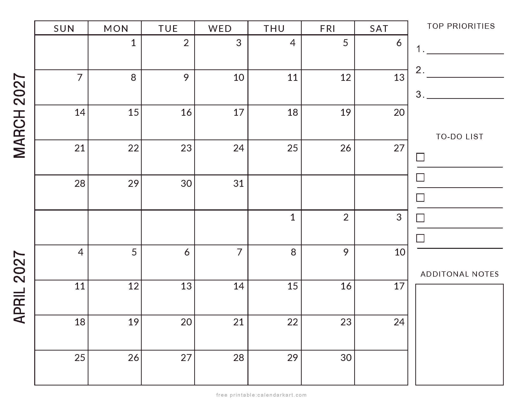 March April 2027 Planner Style Calendar