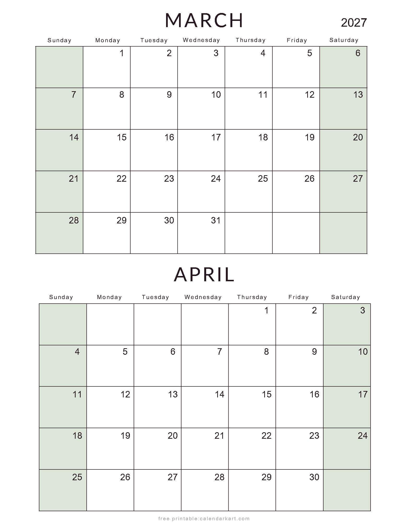 March April 2027 Standard Calendar Soft Pastel
