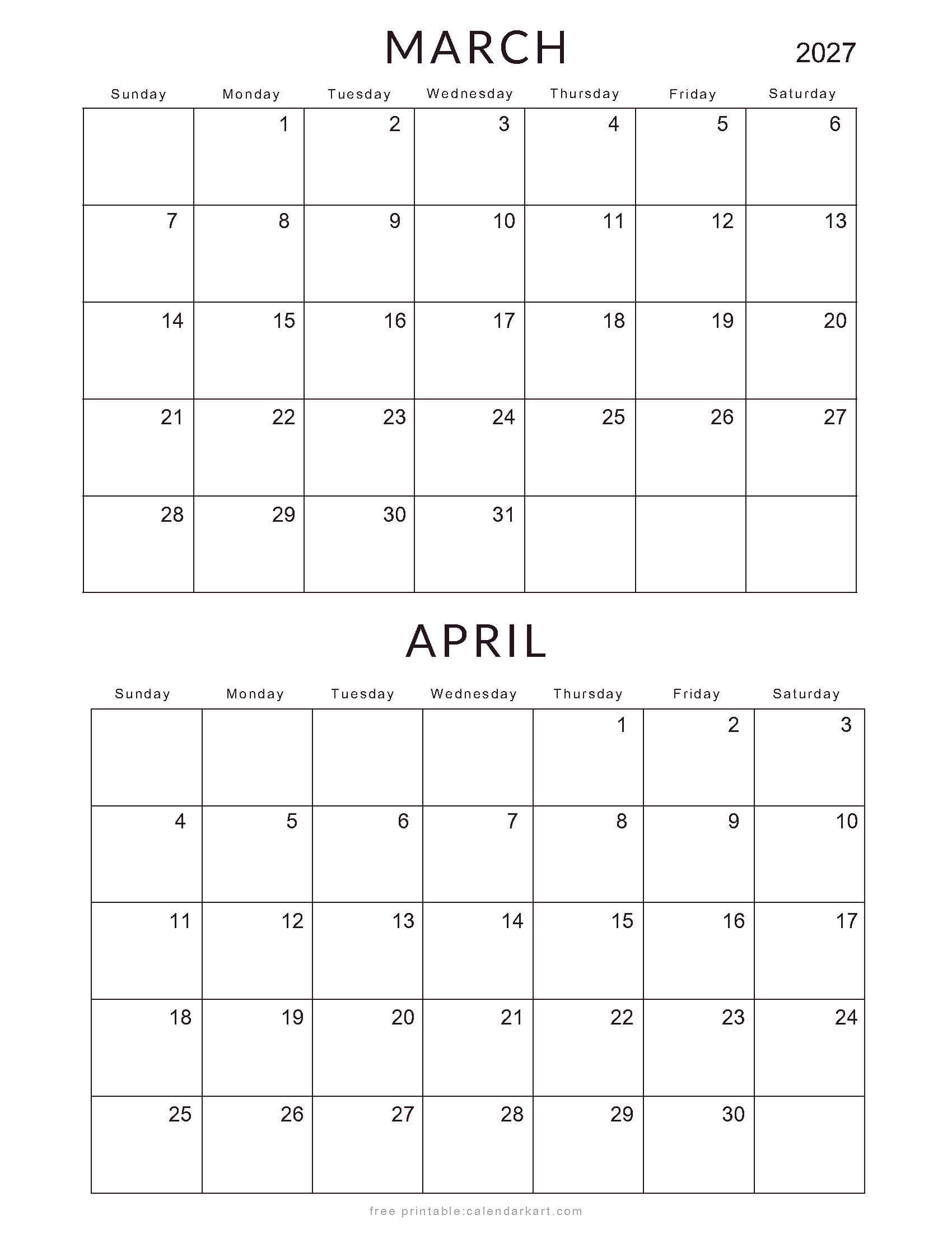 March April 2027 Standard Calendar