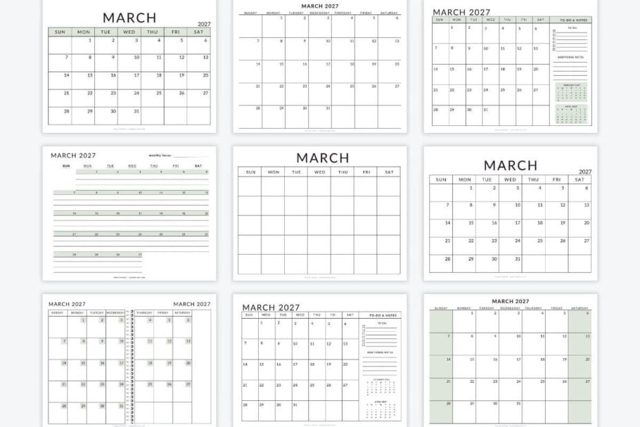 March Calendar 2027 Templates - Free Printable PDFs