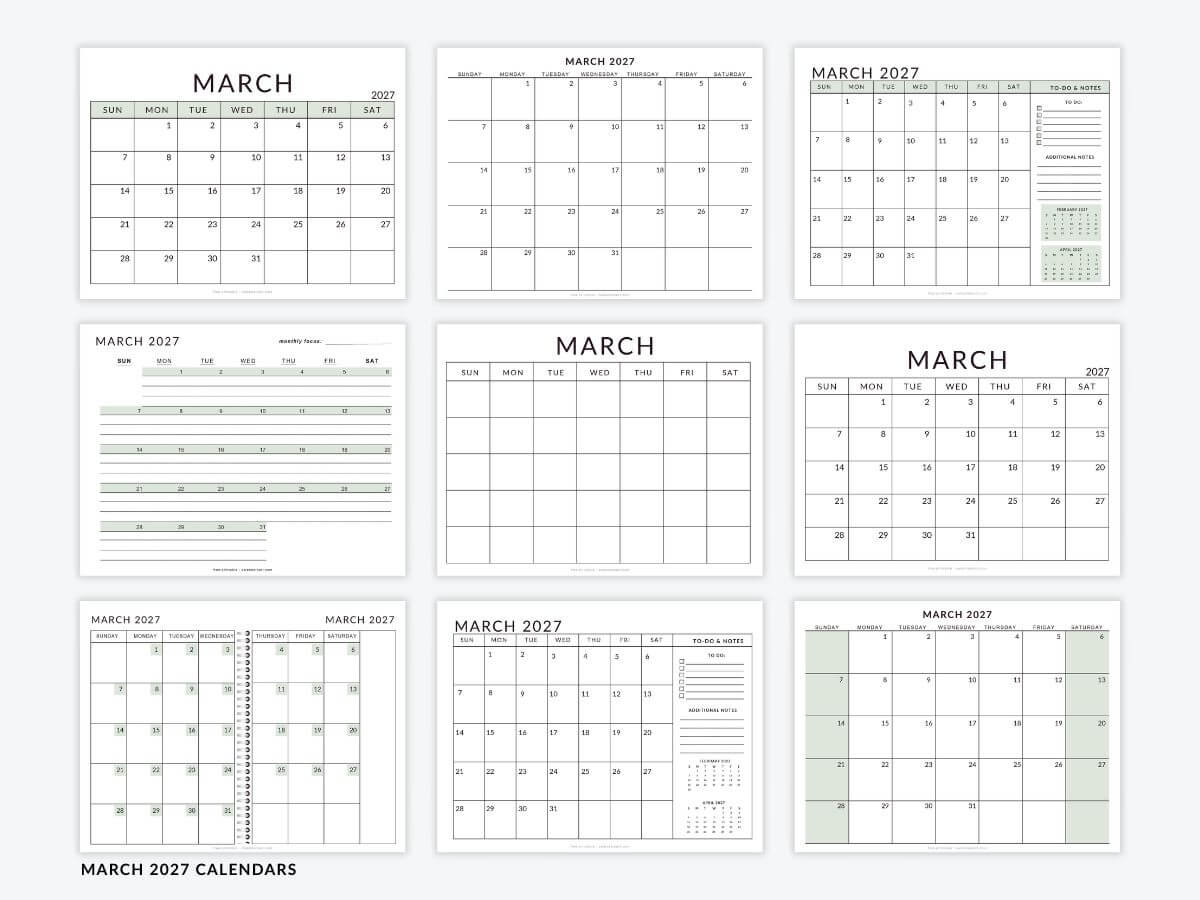 March Calendar 2027 Templates - Free Printable PDFs