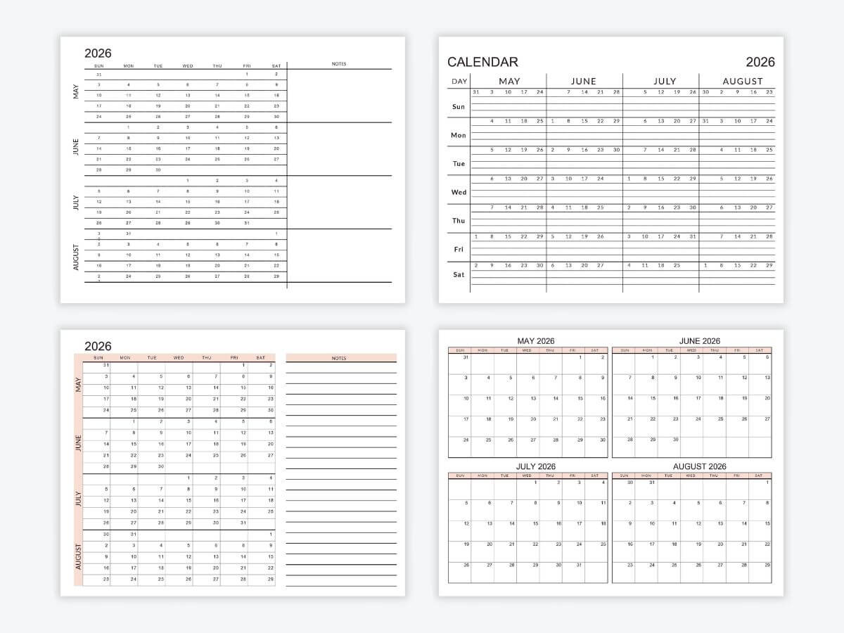 May-August 2026 4 Month Calendar Templates