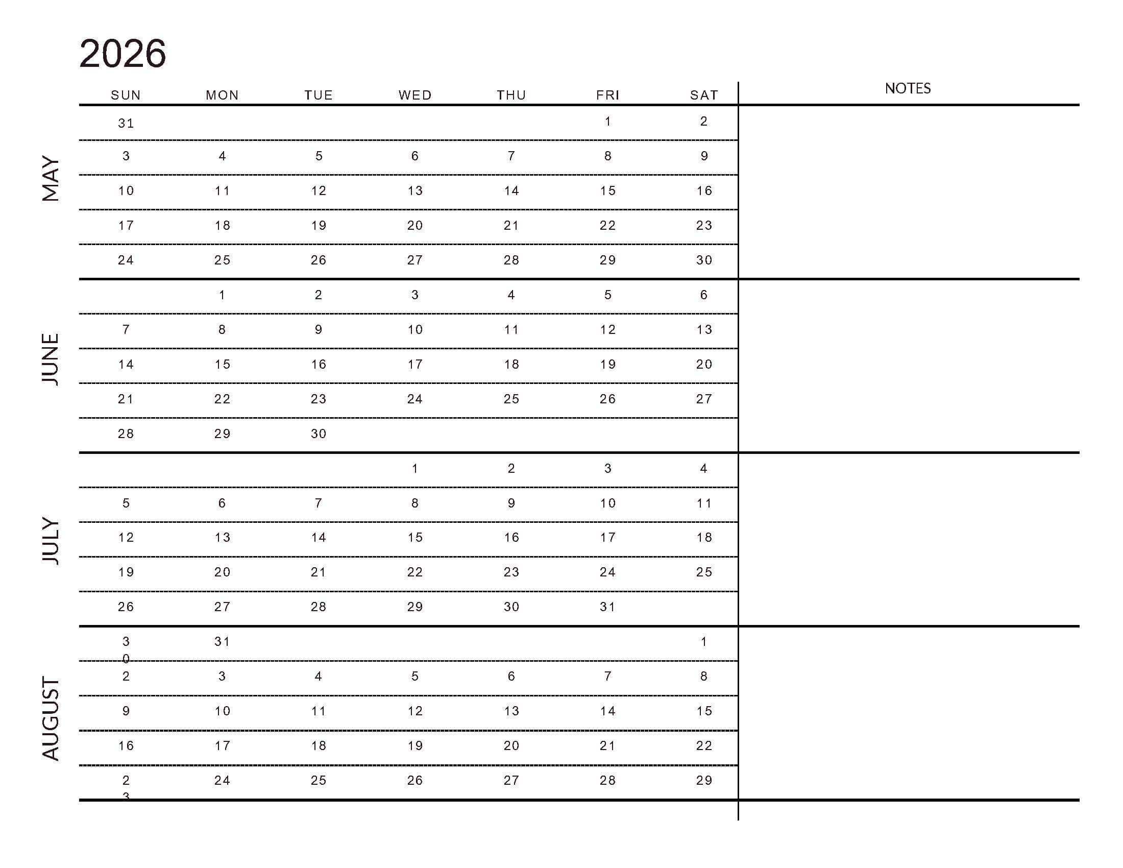 May-August 2026 4 Month List View