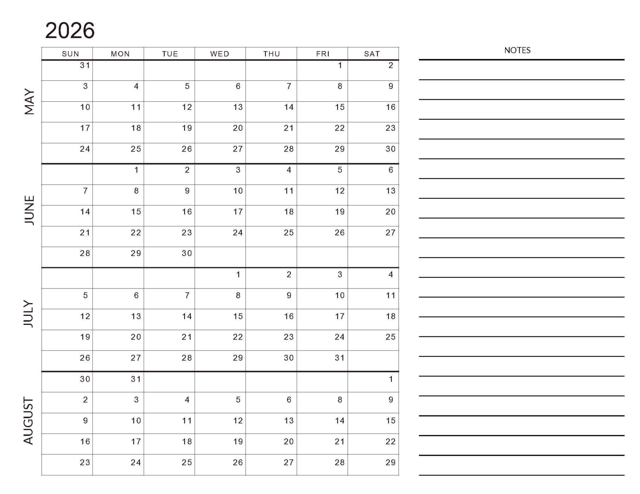 May-August 2026 Calendar (4 Month Templates) - CalendarKart