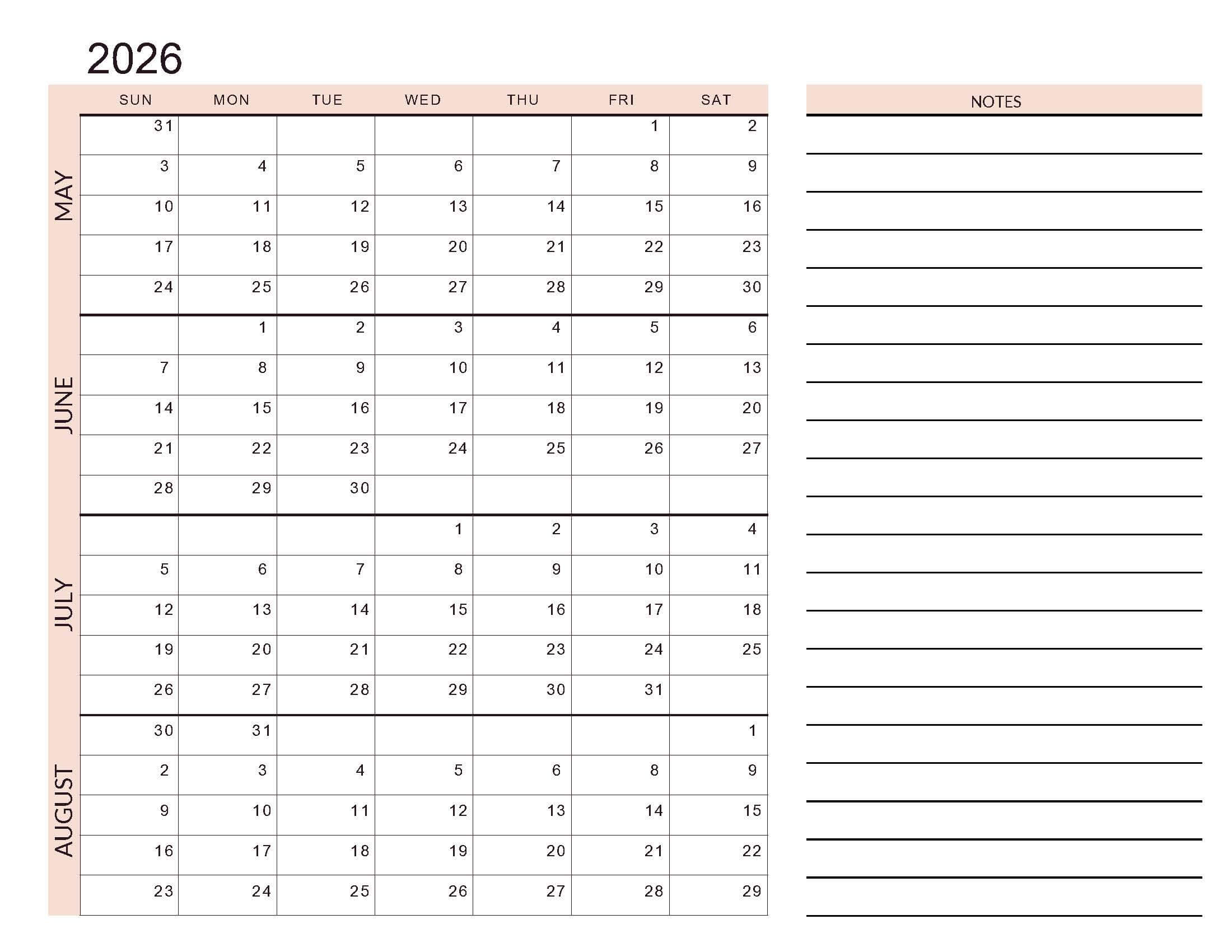 May-August 2026 4 Month With Notes Soft Pastel