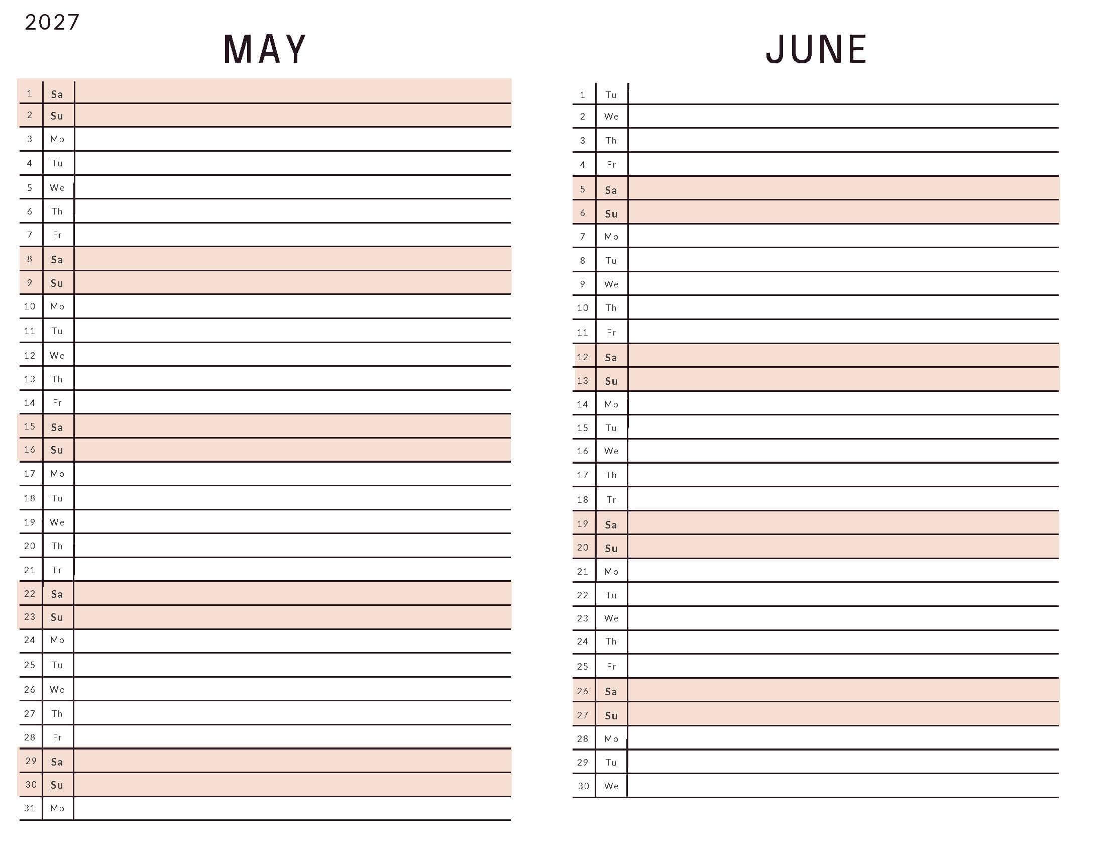 May June 2027 Calendar List View Soft Pastel
