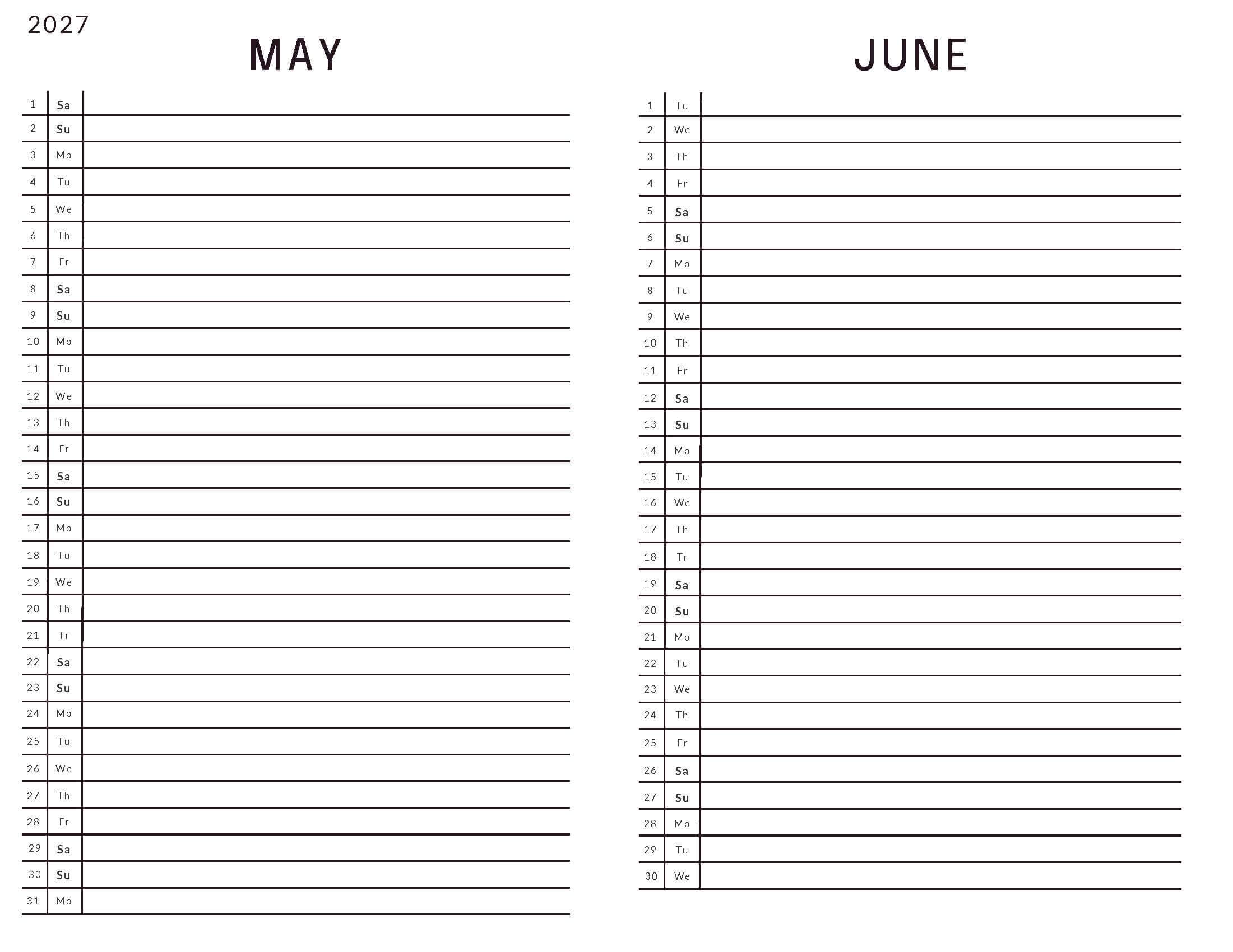 May June 2027 Calendar List View