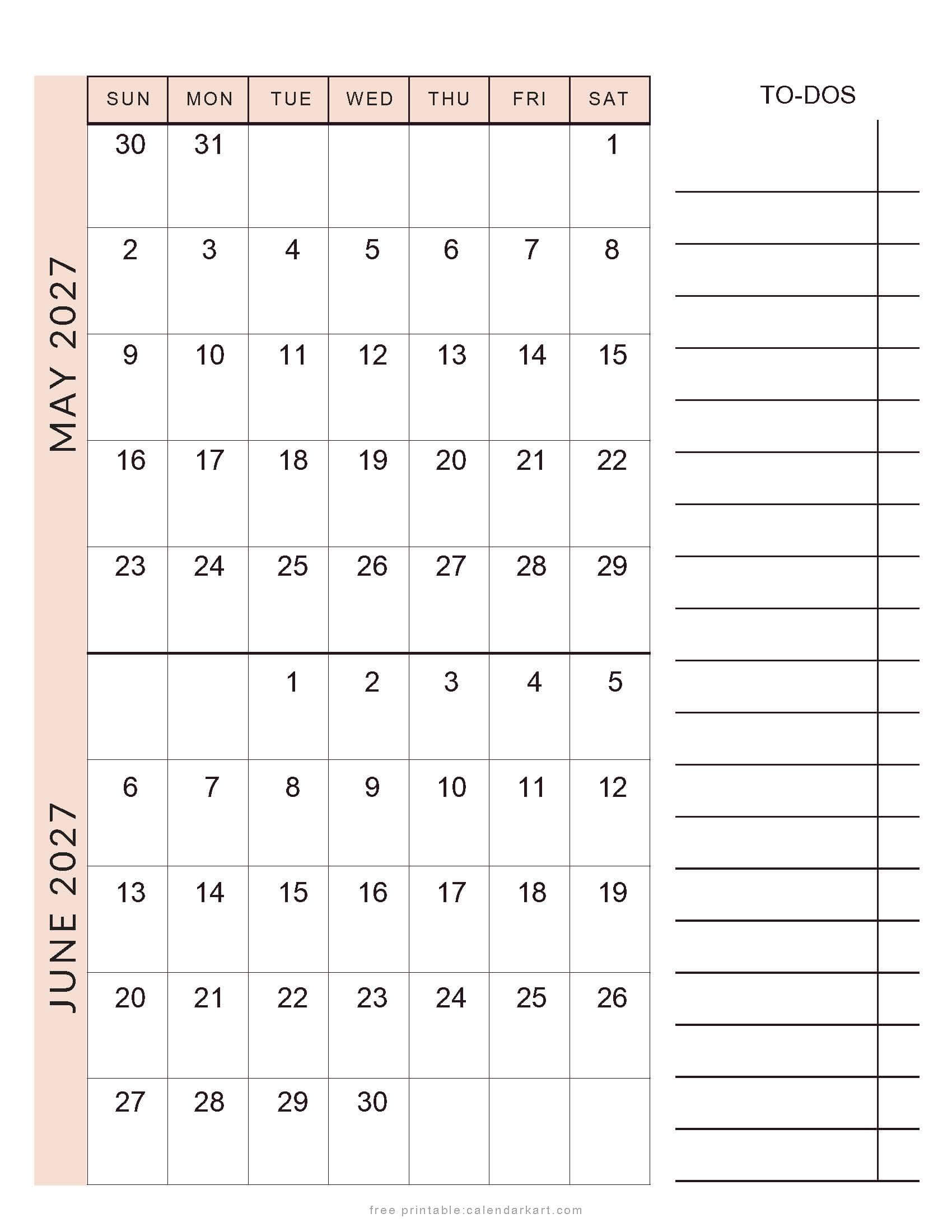 May June 2027 Calendar With To Do List Soft Pastel