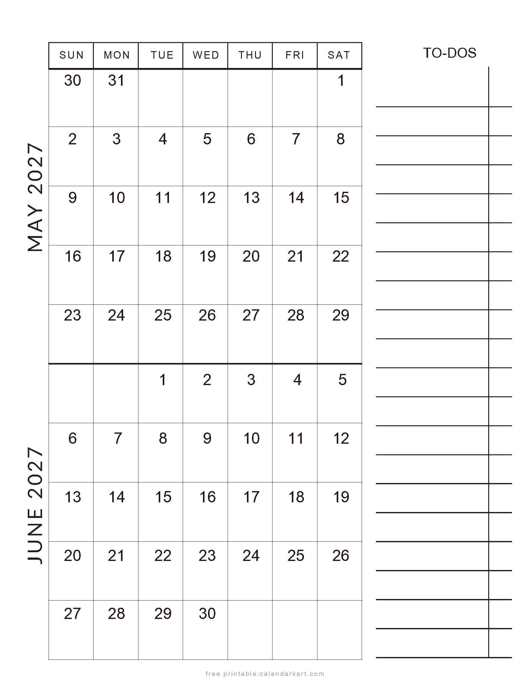 May June 2027 Calendar With To Do List