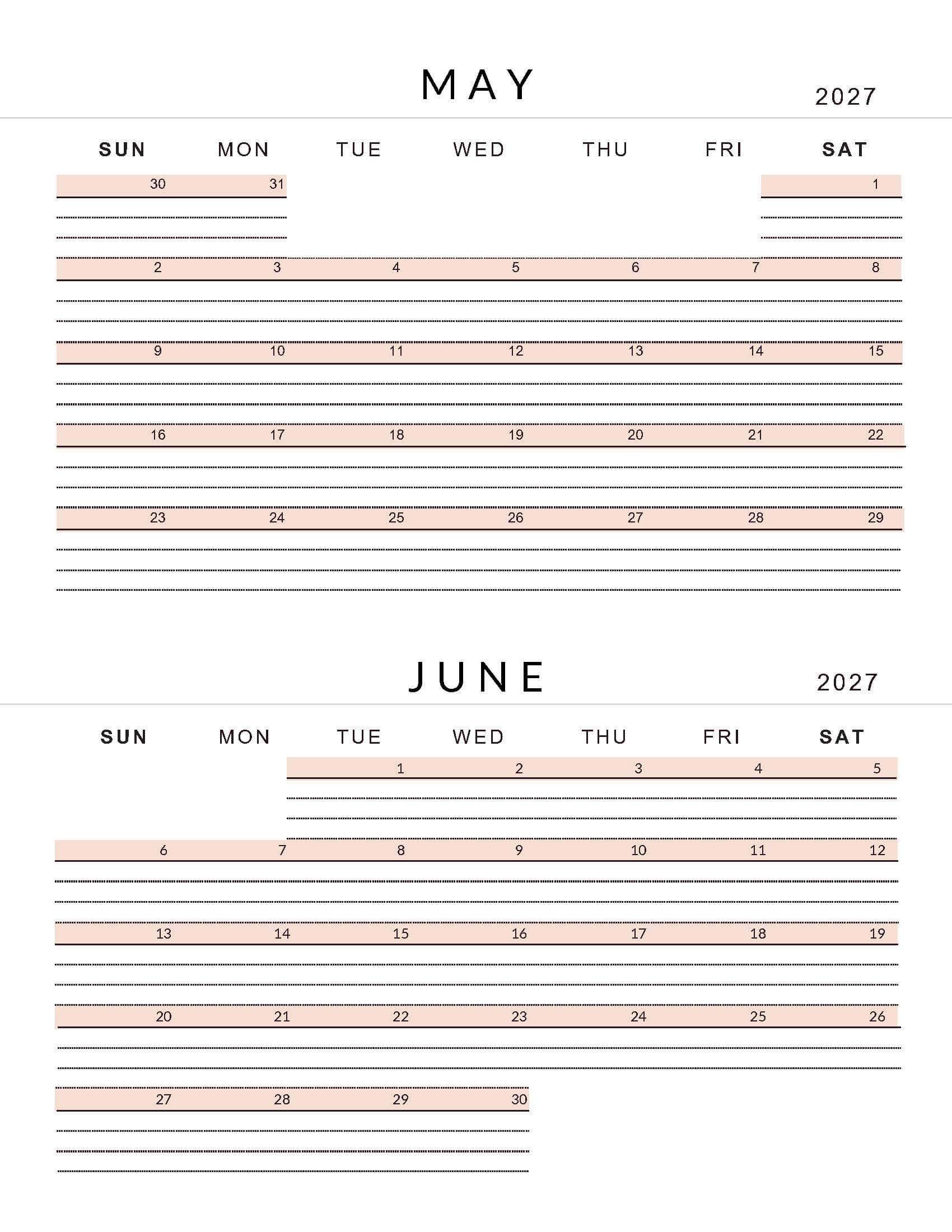 May June 2027 Lined Calendar Soft Pastel