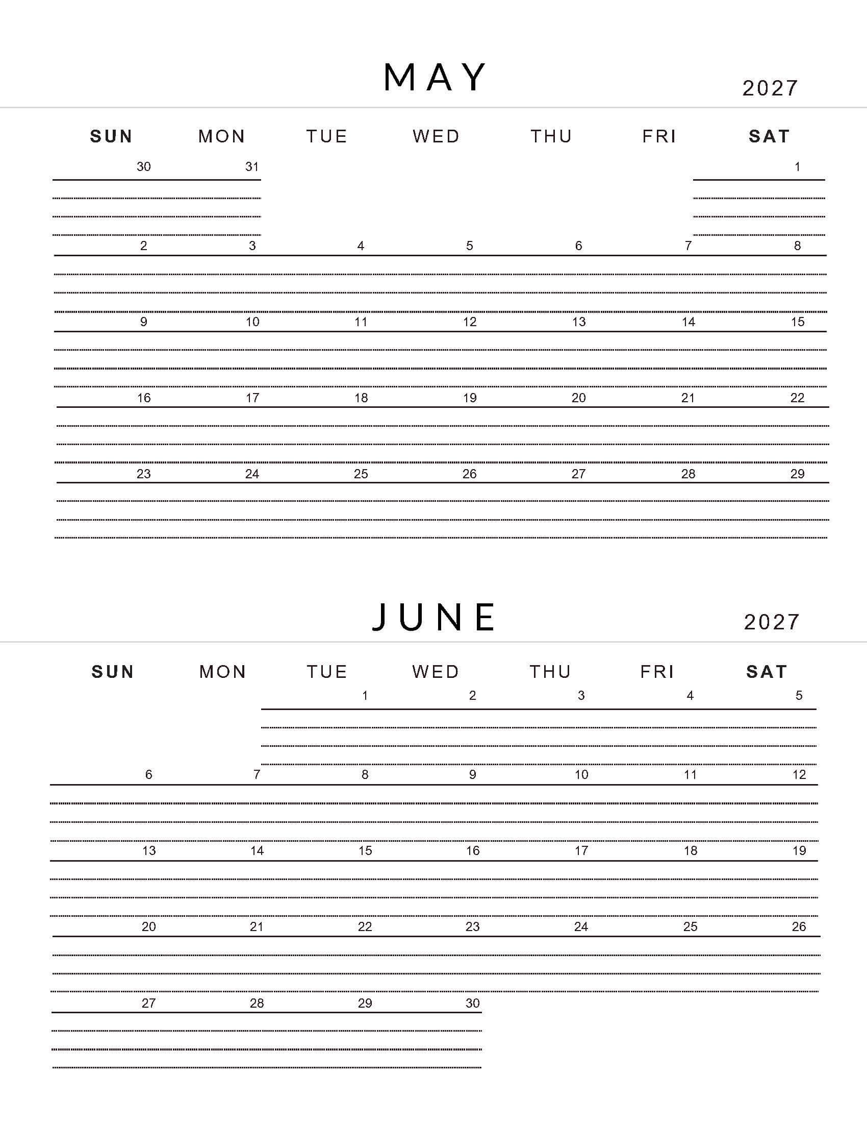 May June 2027 Lined Calendar