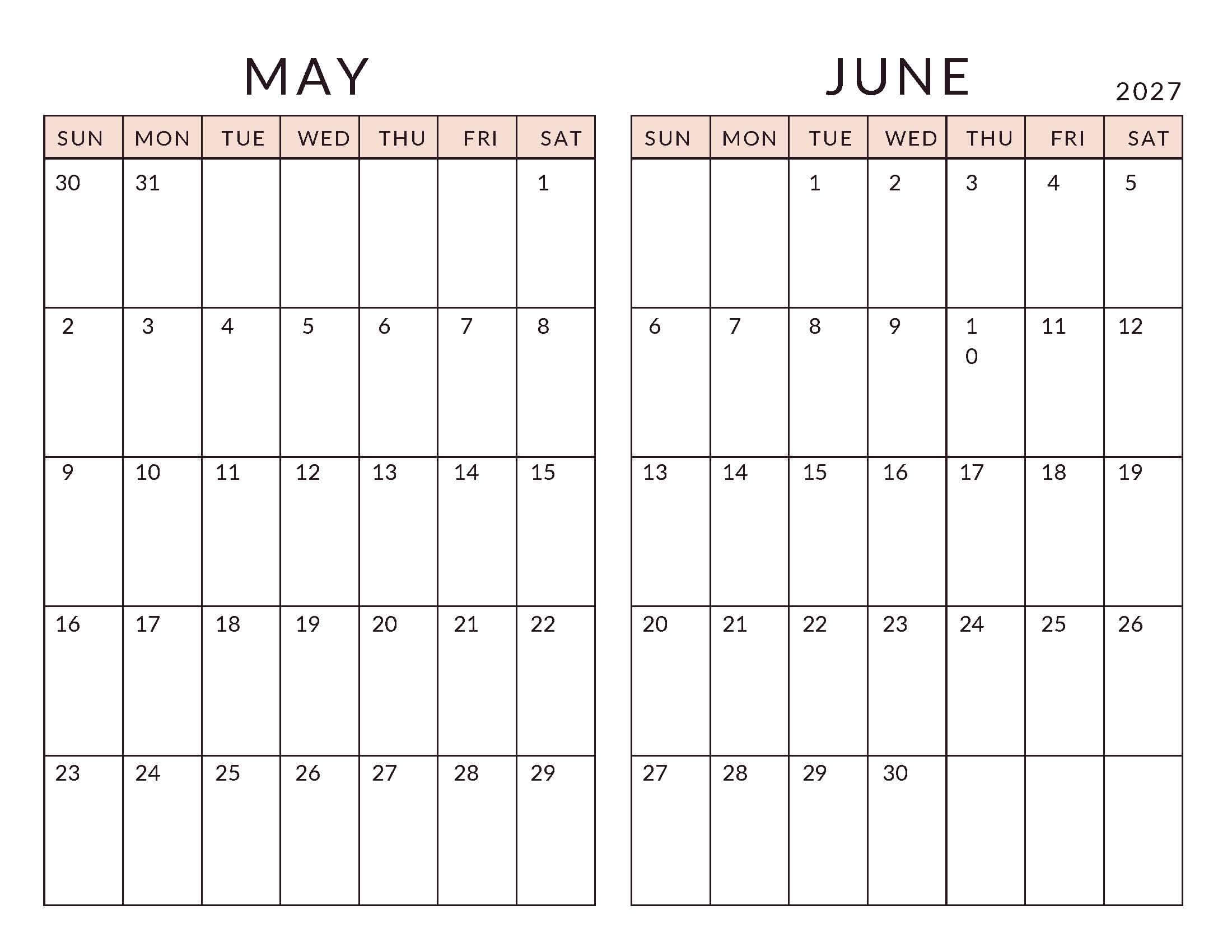 May June 2027 Minimal Calendar Soft Pastel