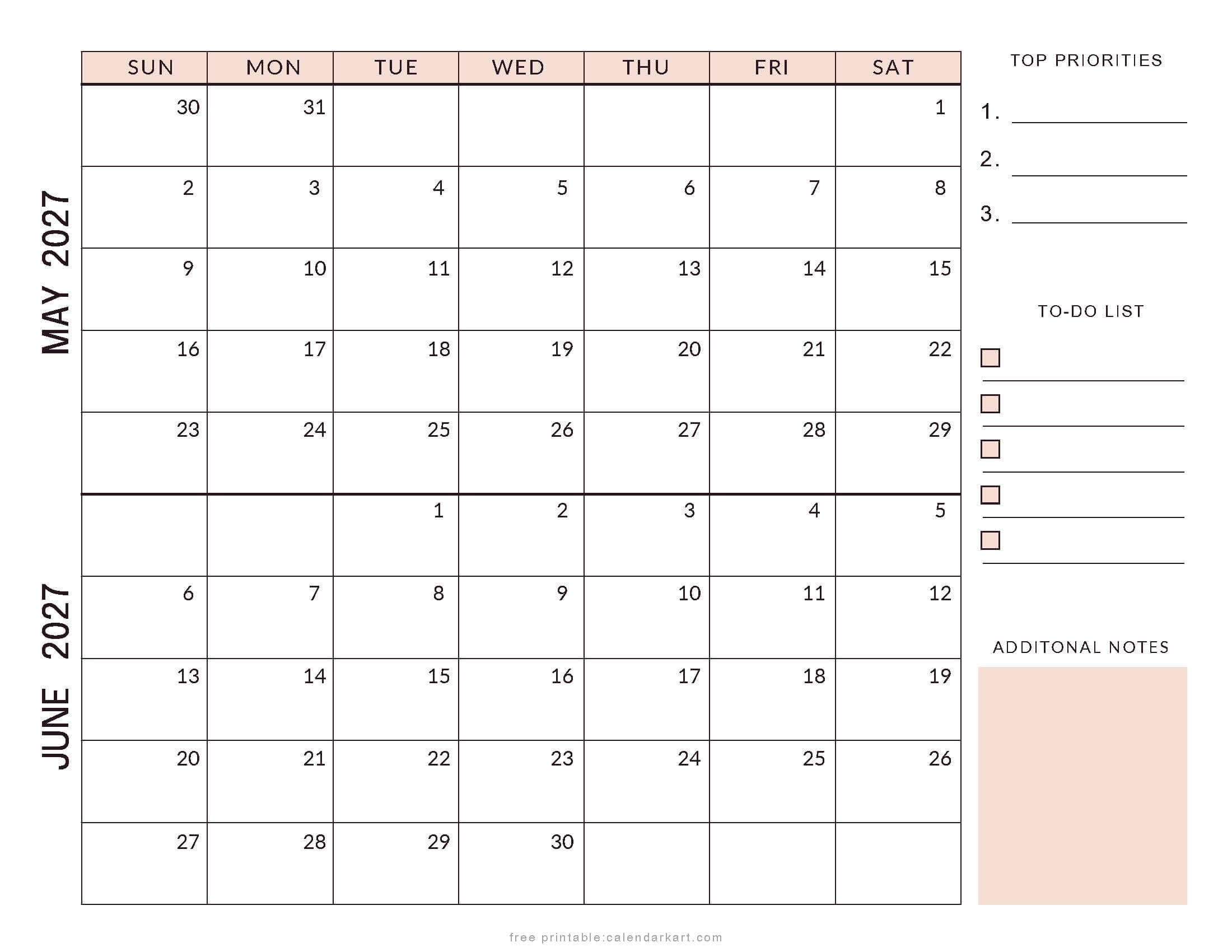May June 2027 Planner Style Calendar Soft Pastel