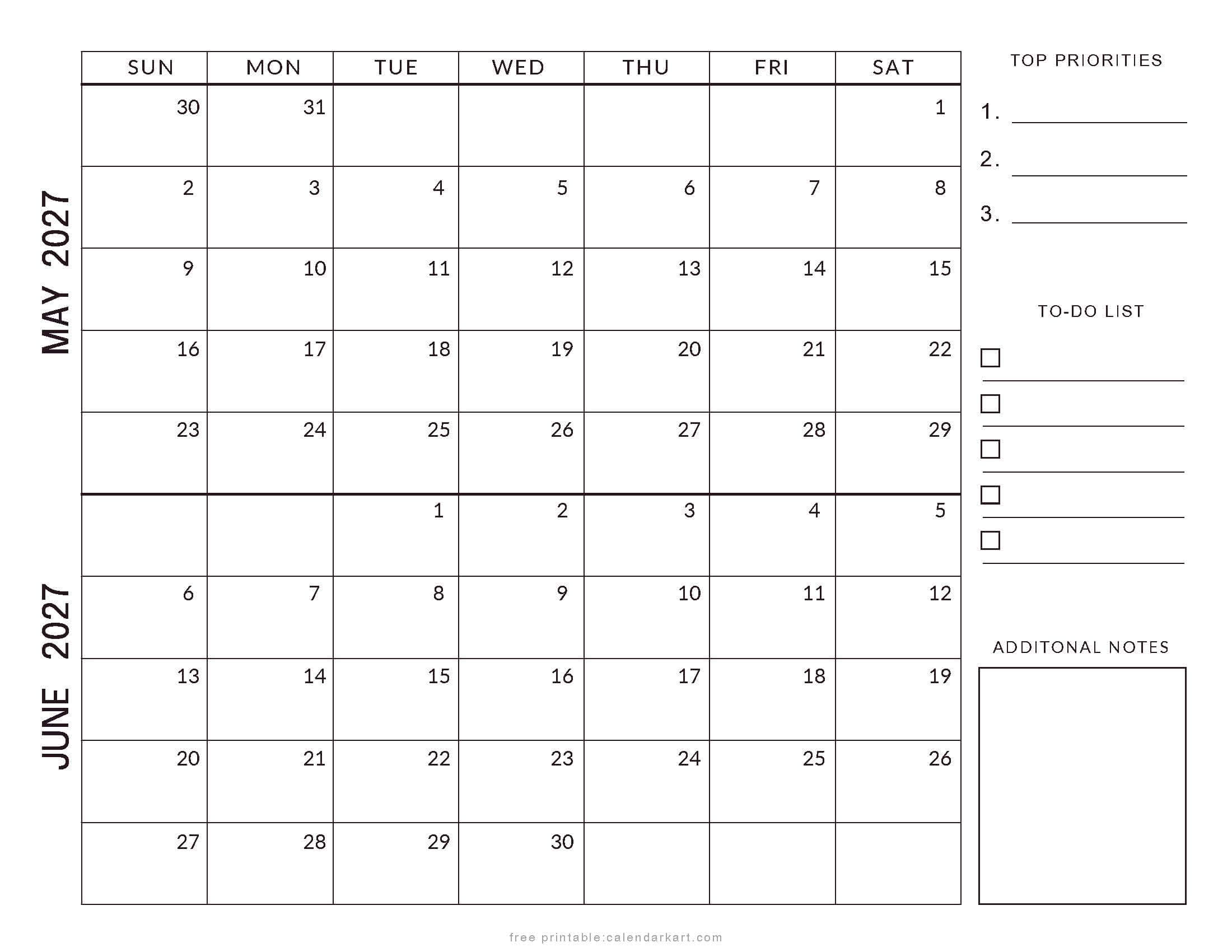 May June 2027 Planner Style Calendar