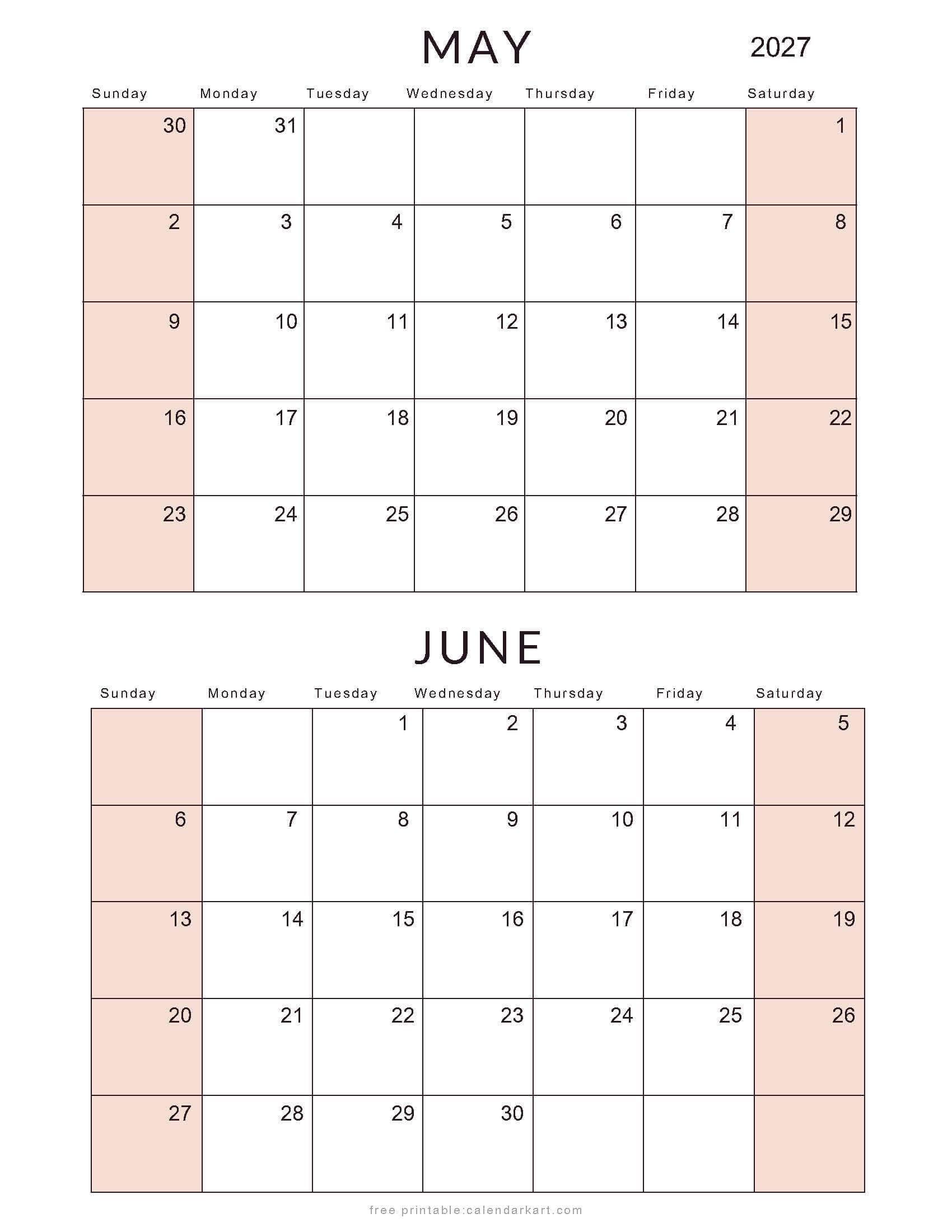 May June 2027 Standard Calendar Soft Pastel
