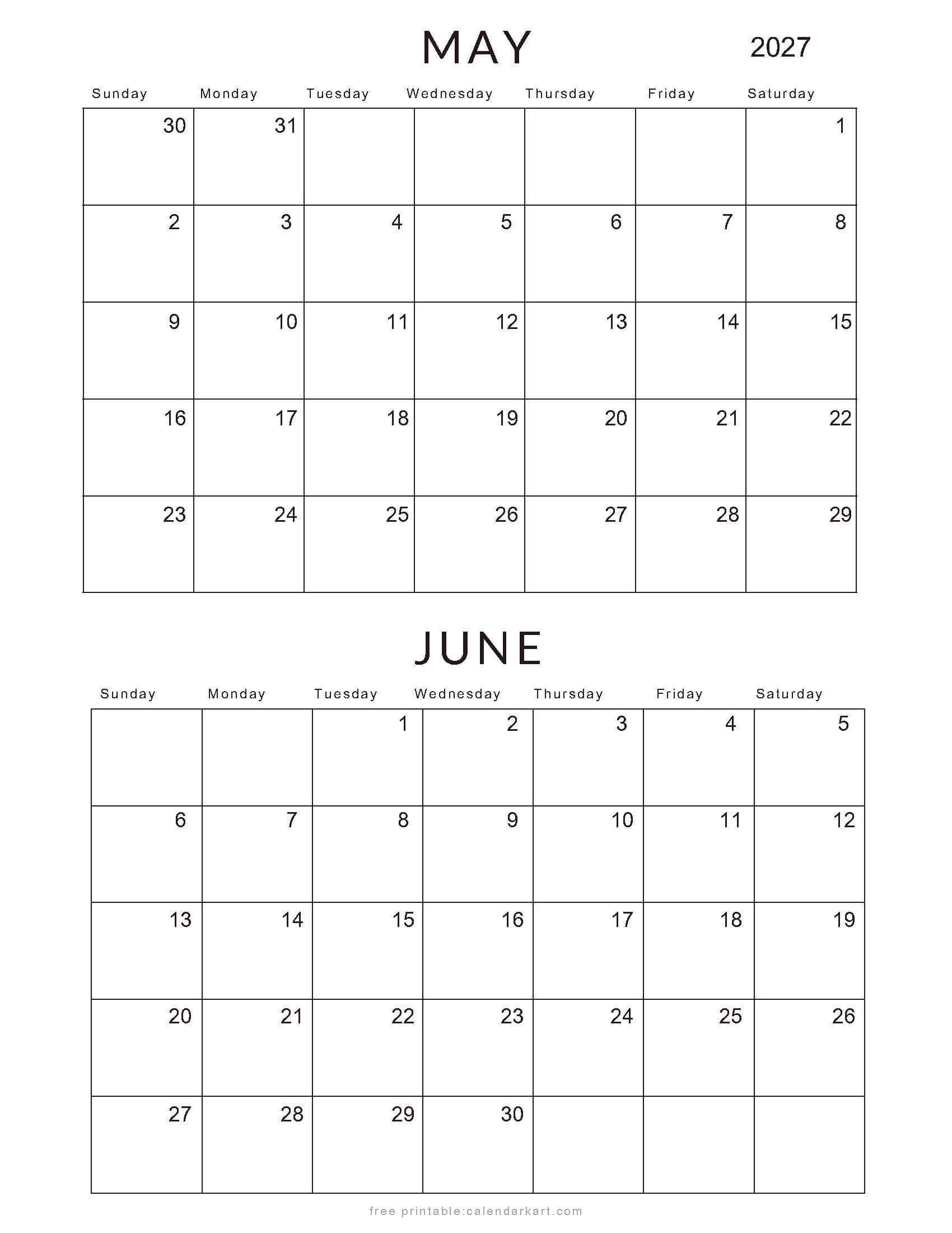May June 2027 Standard Calendar