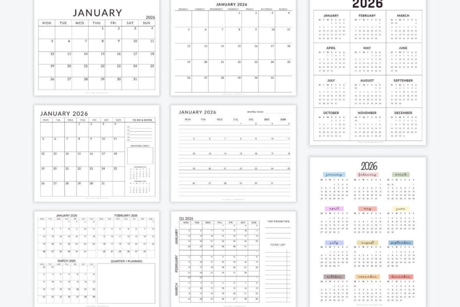 Monday Start Calendars 2026