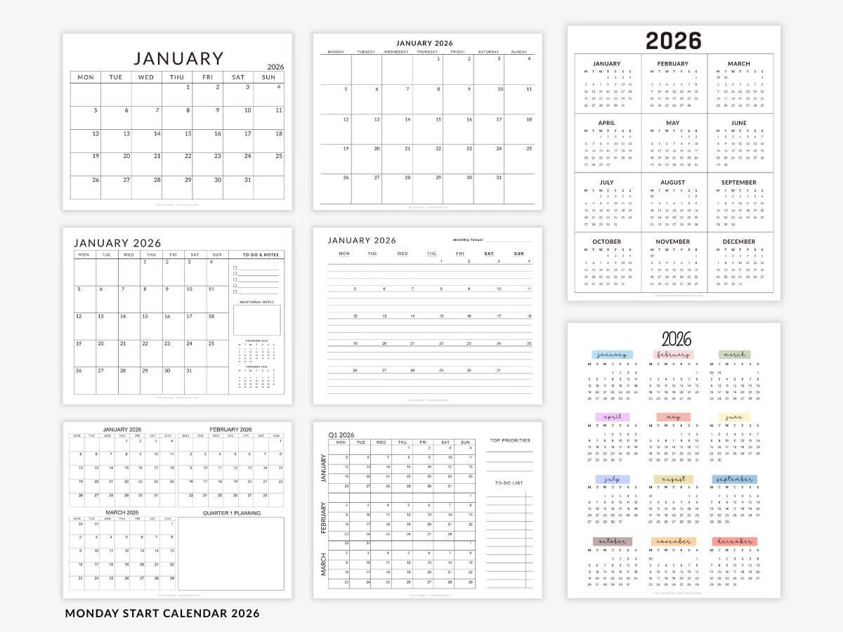 Monday Start Calendars 2026