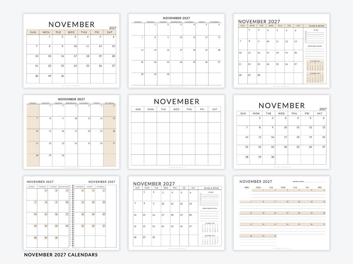 November 2027 Calendar Templates - Free Printable PDFs