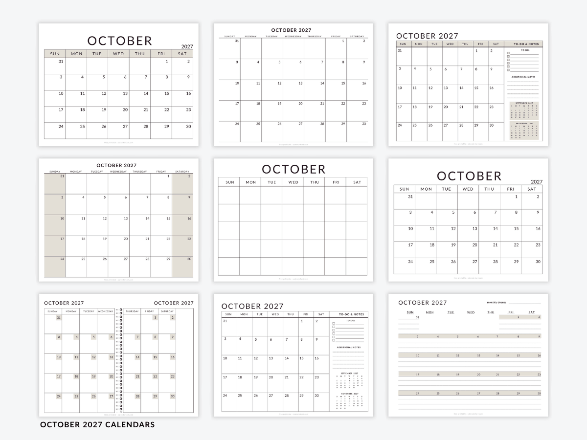 October 2027 Calendar Templates - Free Printable PDFs
