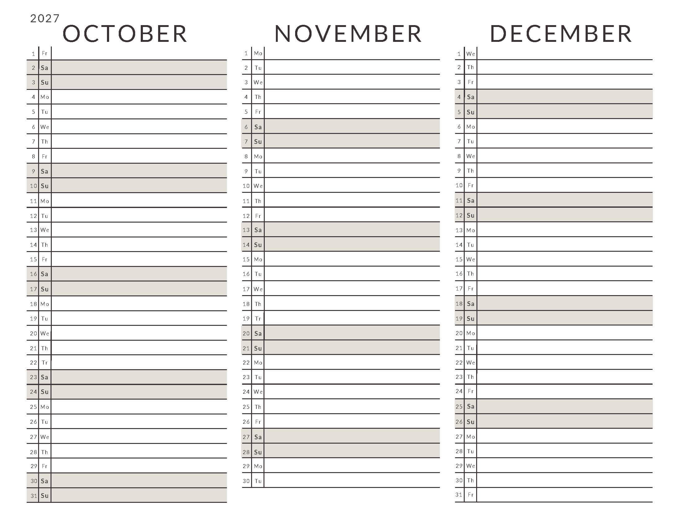 October-December 2027 Calendars List View Soft Pastel