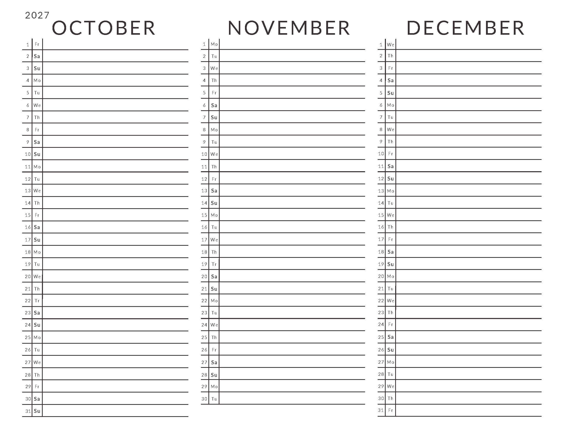 October-December 2027 Calendars List View