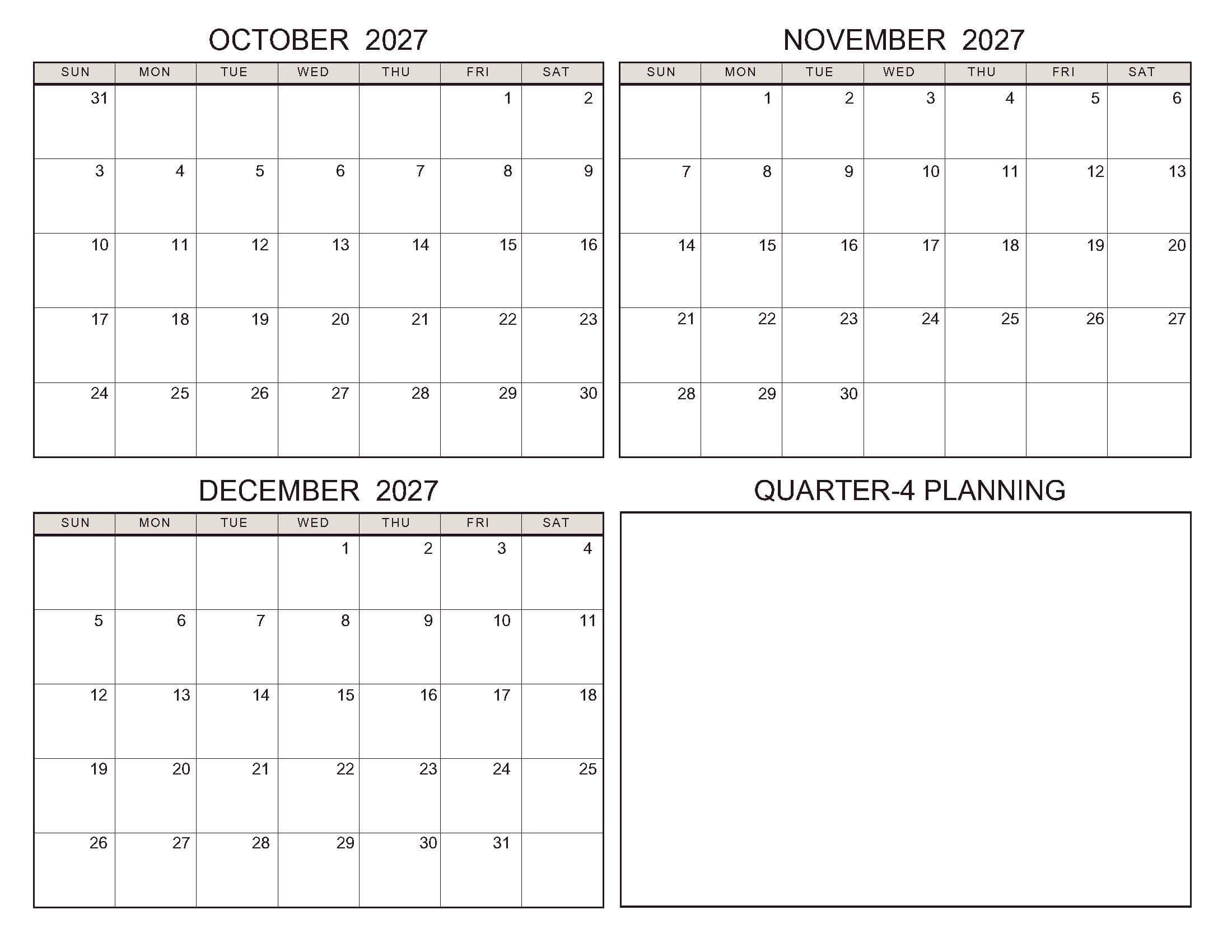 October-December 2027 Calendars Standard Soft Pastel
