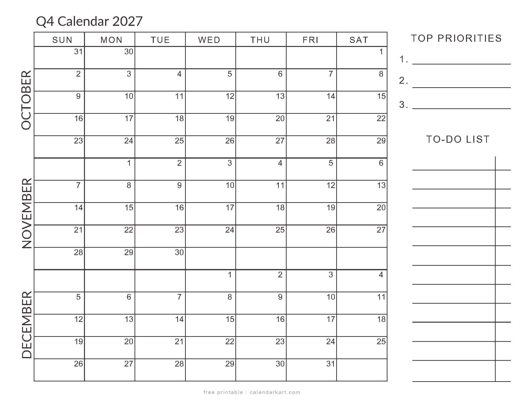 October-December 2027 Q-4 With To Do List