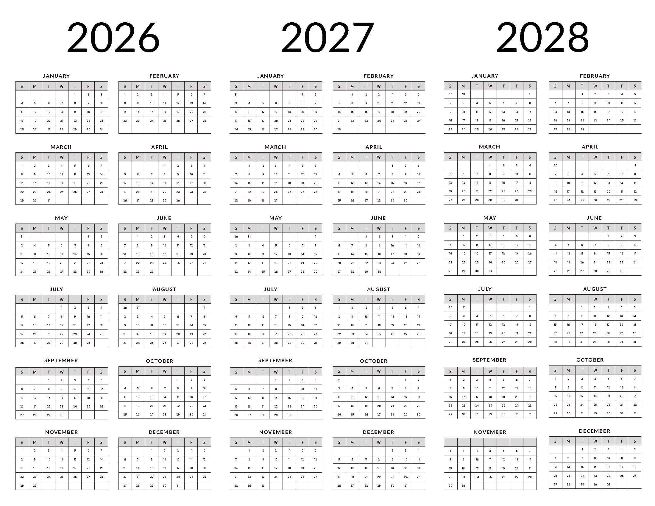 Printable 2026-28 Calendar Template Style 2