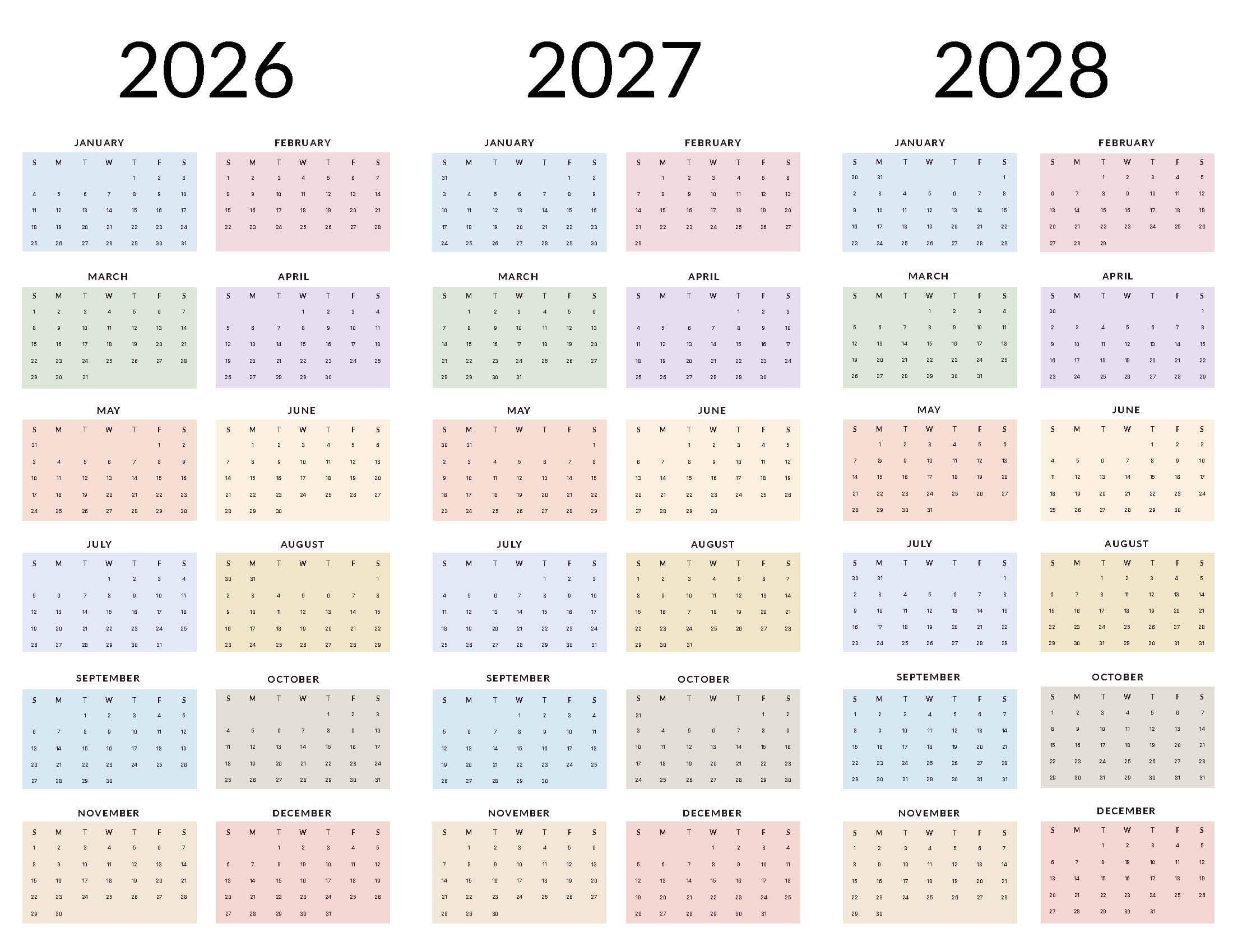 Printable 2026-28 Calendar Template Style 7