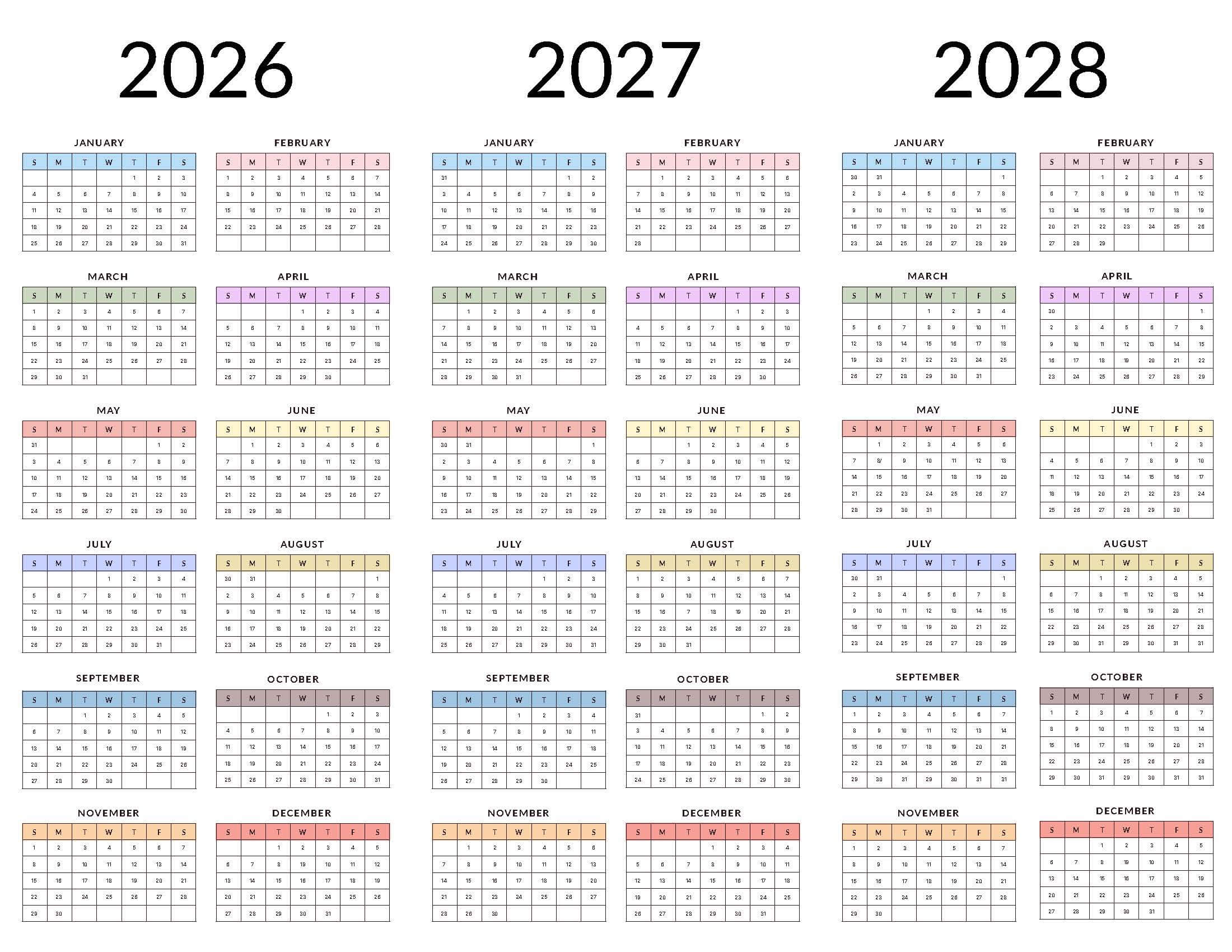 Printable 2026-28 Calendar Template Style 8