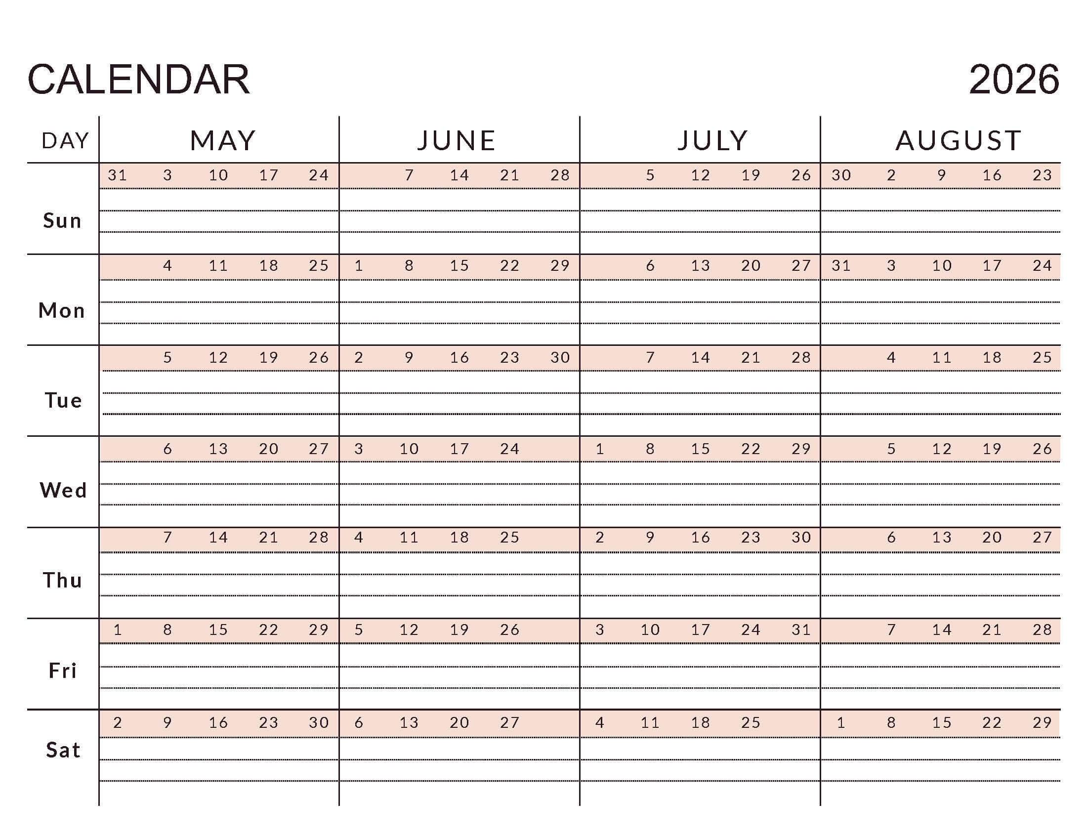 Printable 4 Month Calendar May-Aug 2026 Soft Paste