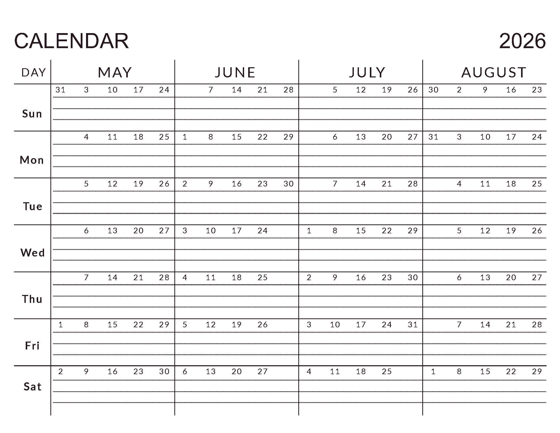 Printable 4 Month Calendar May-Aug 2026