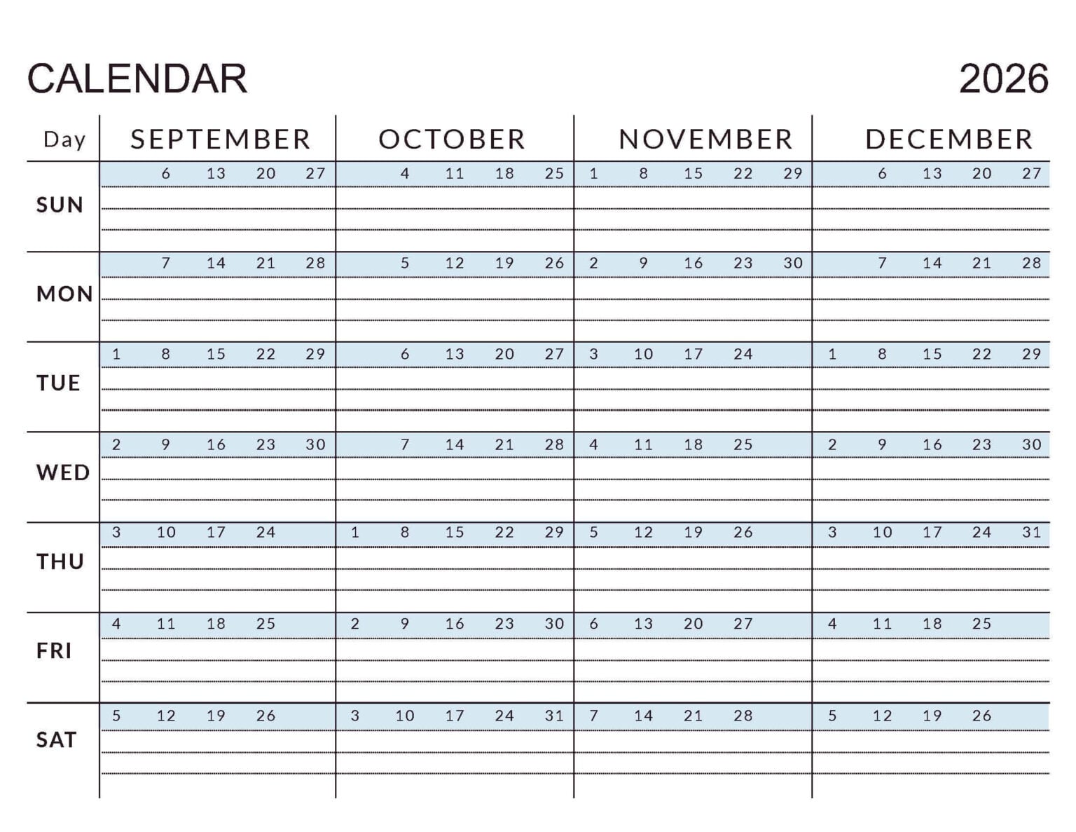 September to December 2026 Calendars | Free Printable PDFs