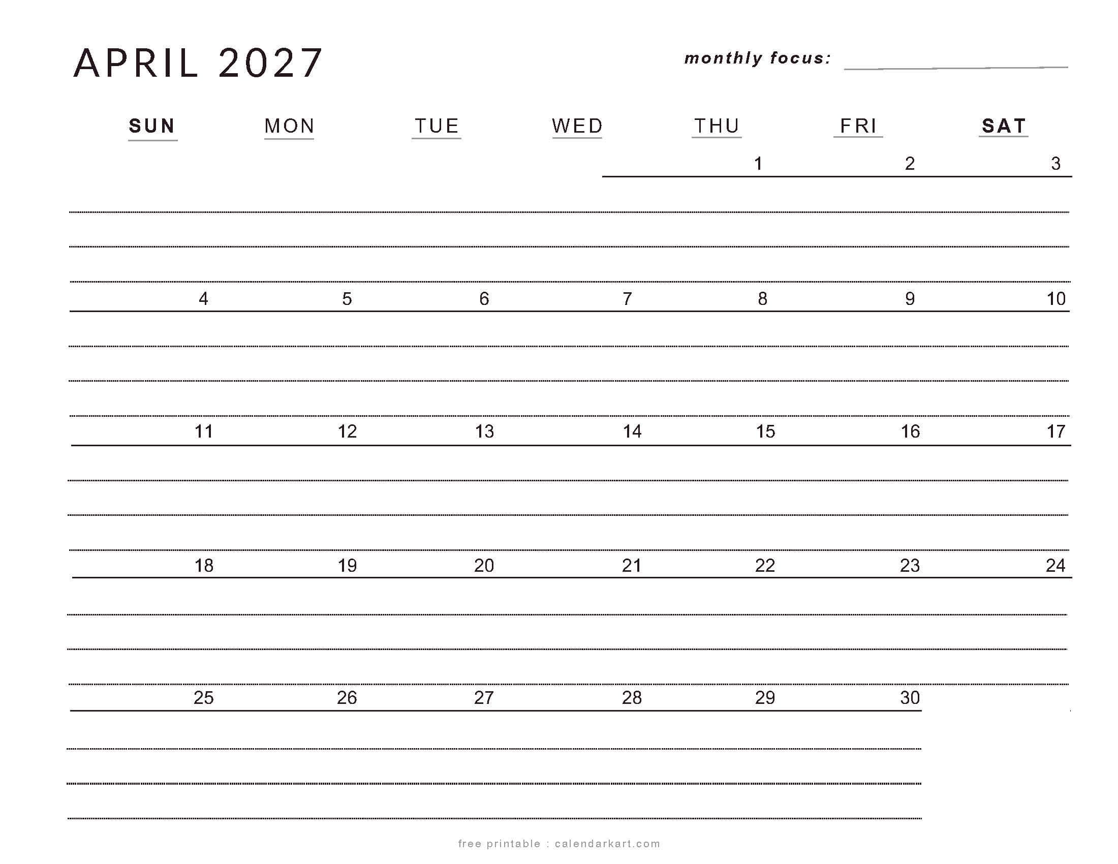 Printable April 2027 Calendar Lined