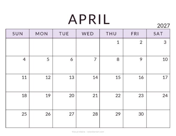 Printable April 2027 Calendar Minimal