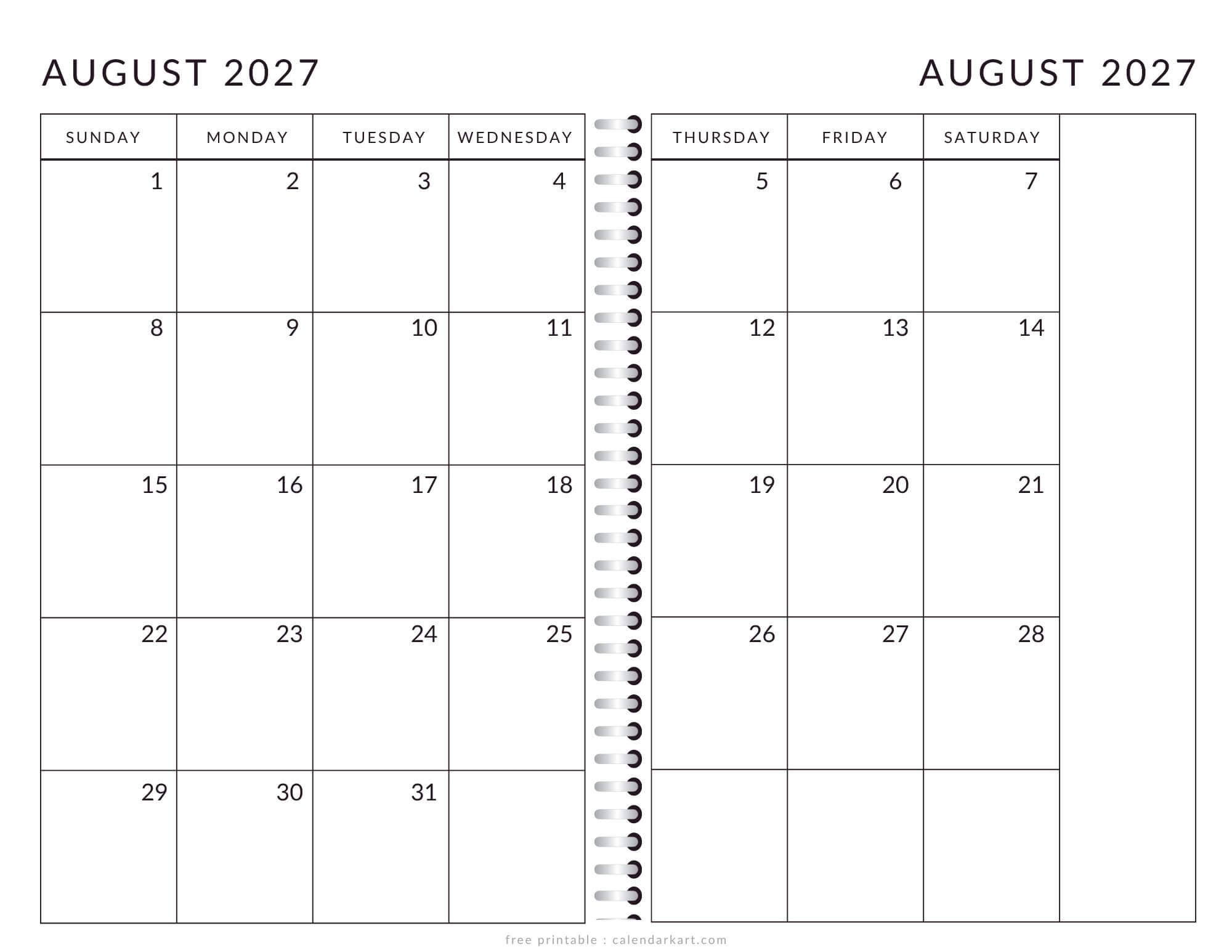 Printable August 2027 Calendar 2 Page Monthly