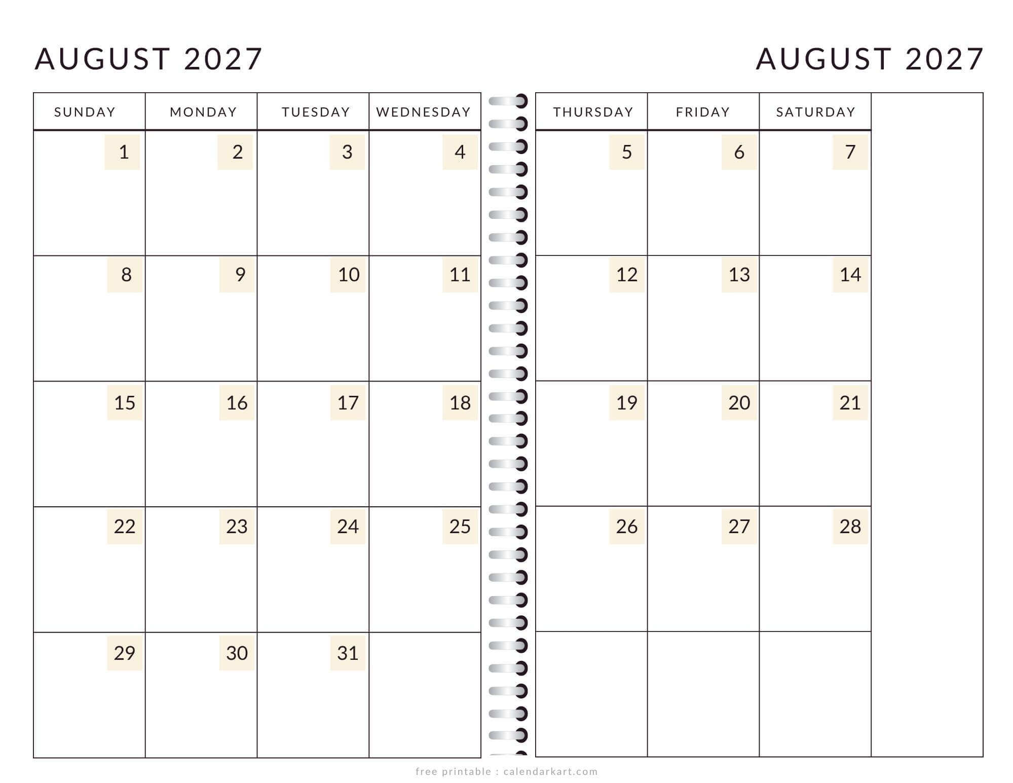 Printable August 2027 Calendar 2 Page Soft Pastel