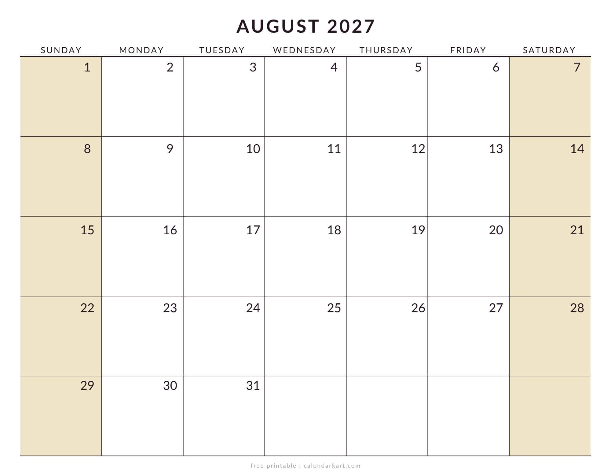 Printable August 2027 Calendar Large Size Soft Pastel