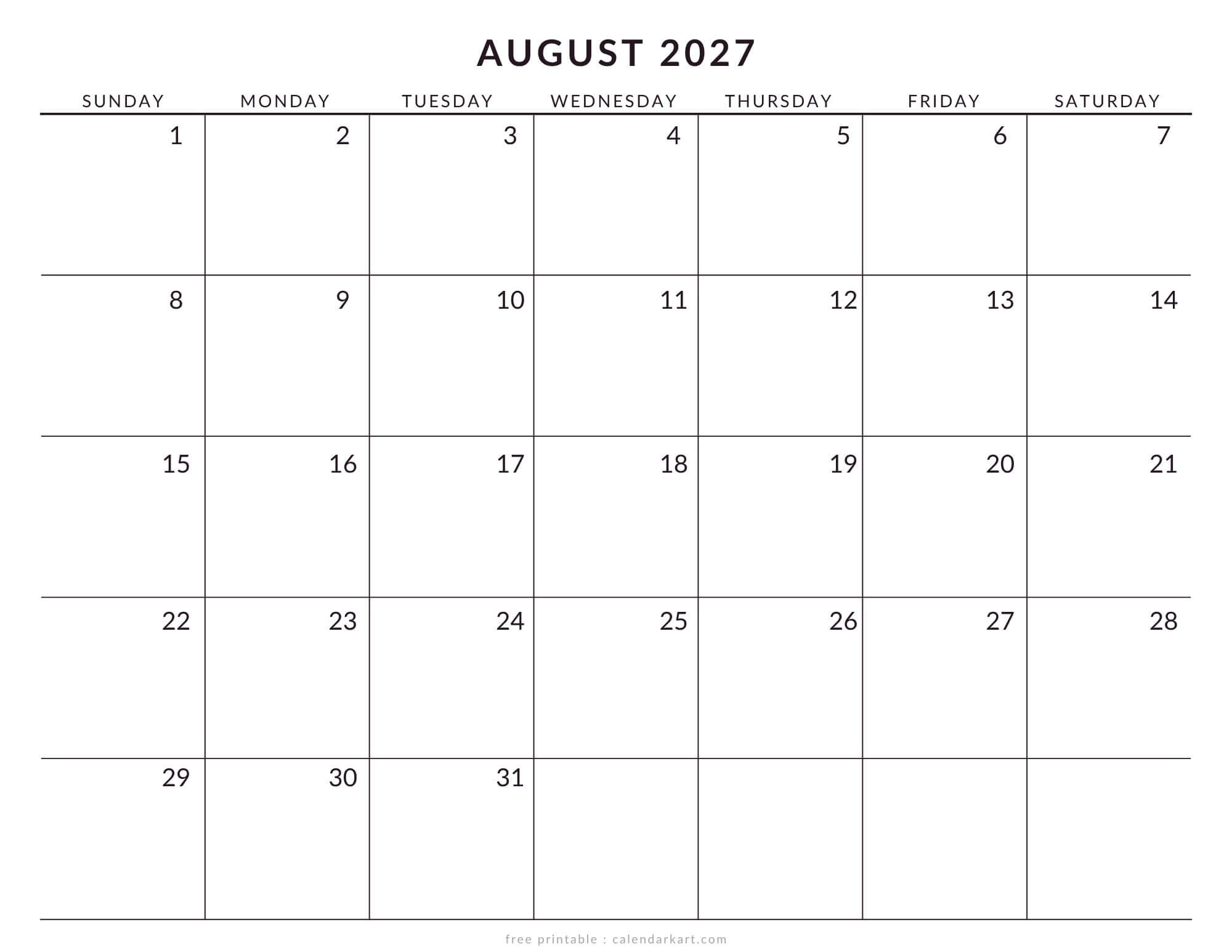 Printable August 2027 Calendar Large Size