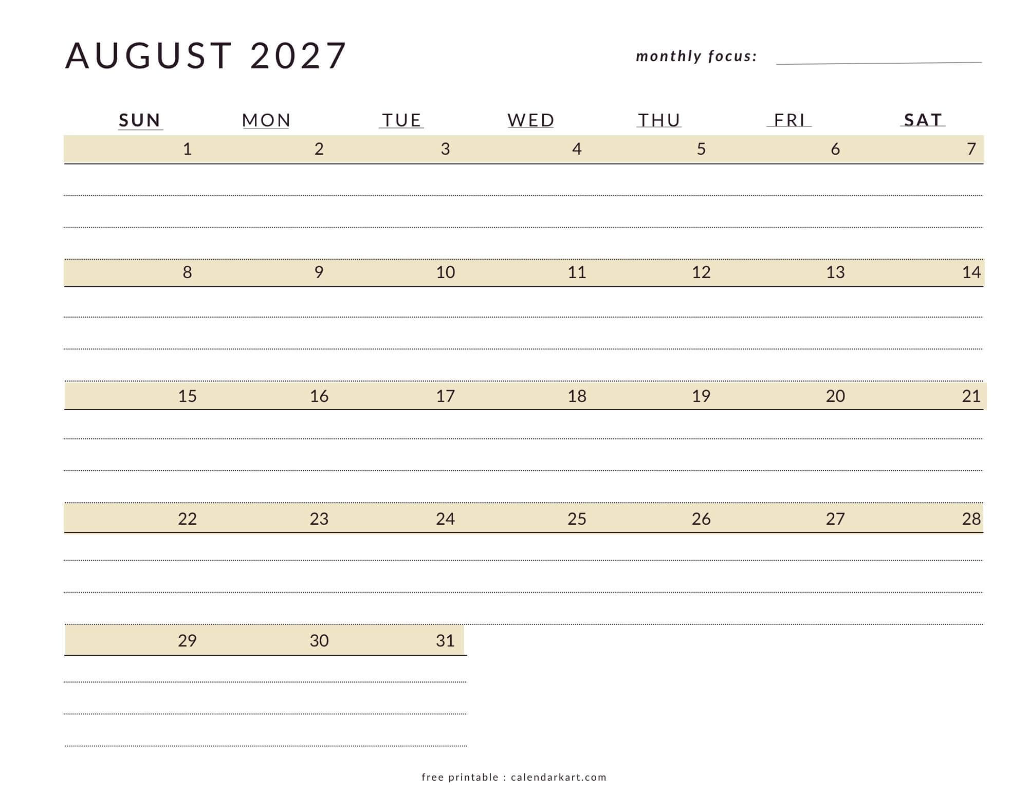 Printable August 2027 Calendar Lined soft Pastel