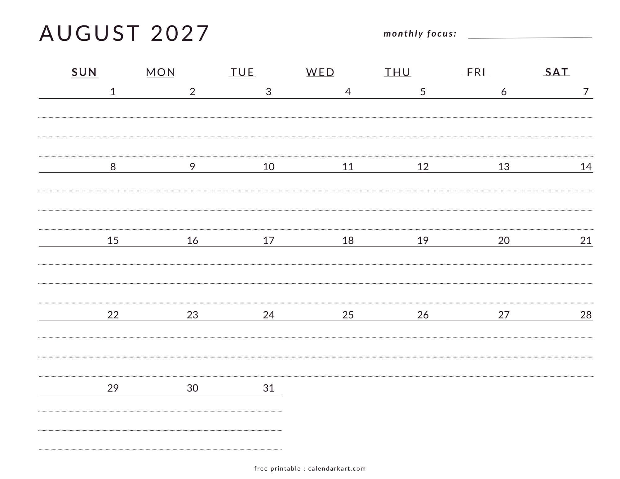 Printable August 2027 Calendar Lined