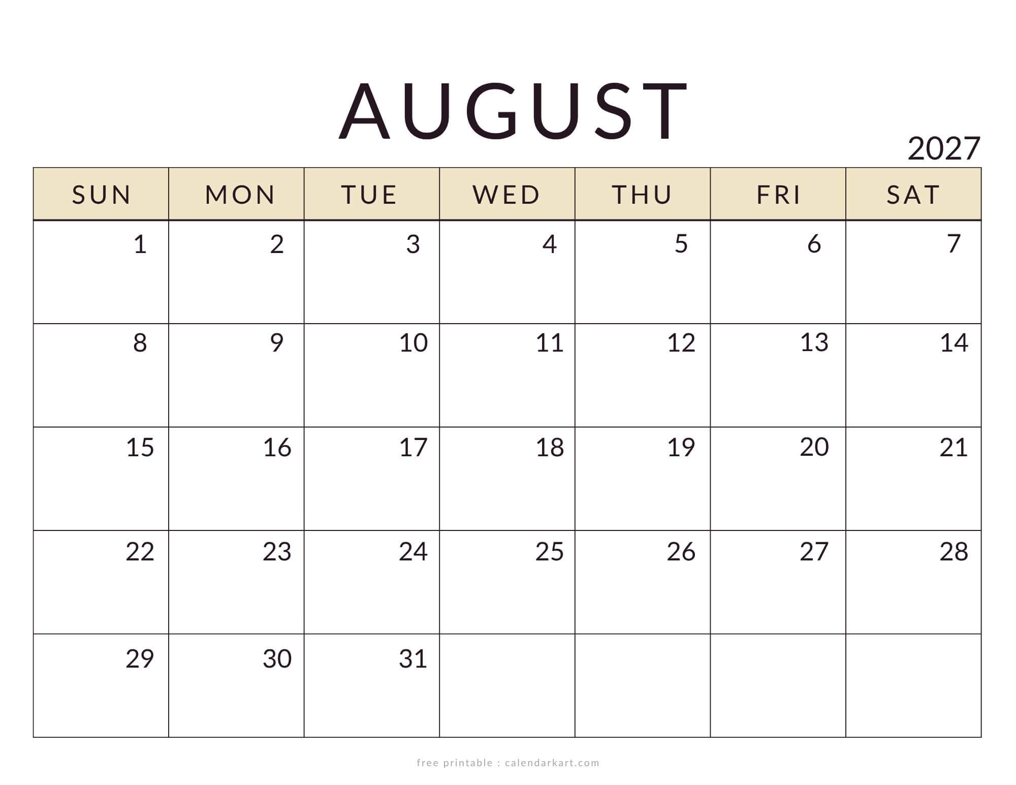 Printable August 2027 Calendar Minimal