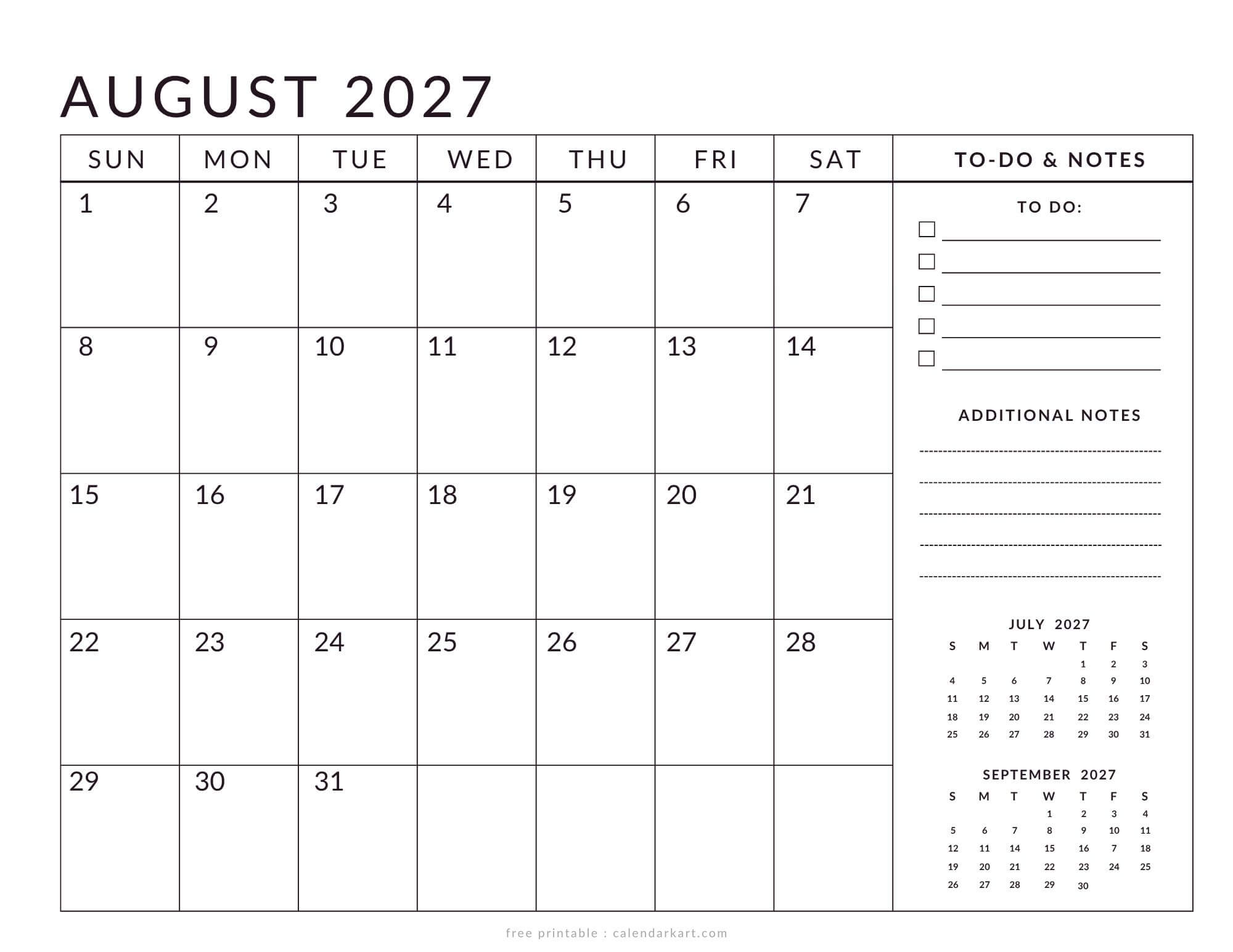 Printable August 2027 Calendar Planner