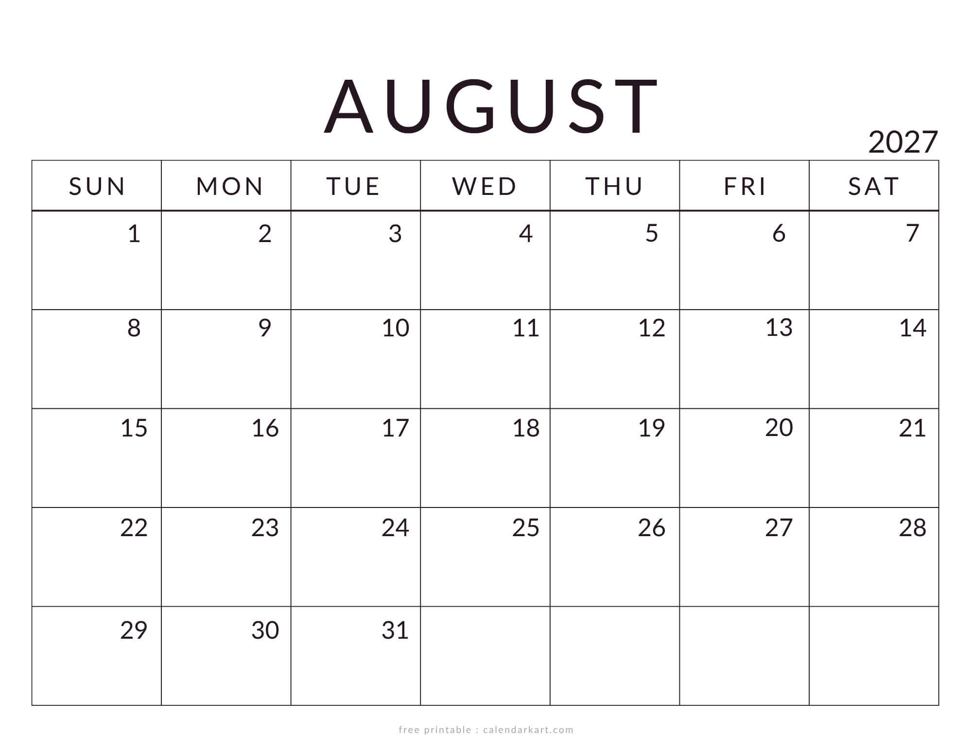 Printable August 2027 Calendar Standard