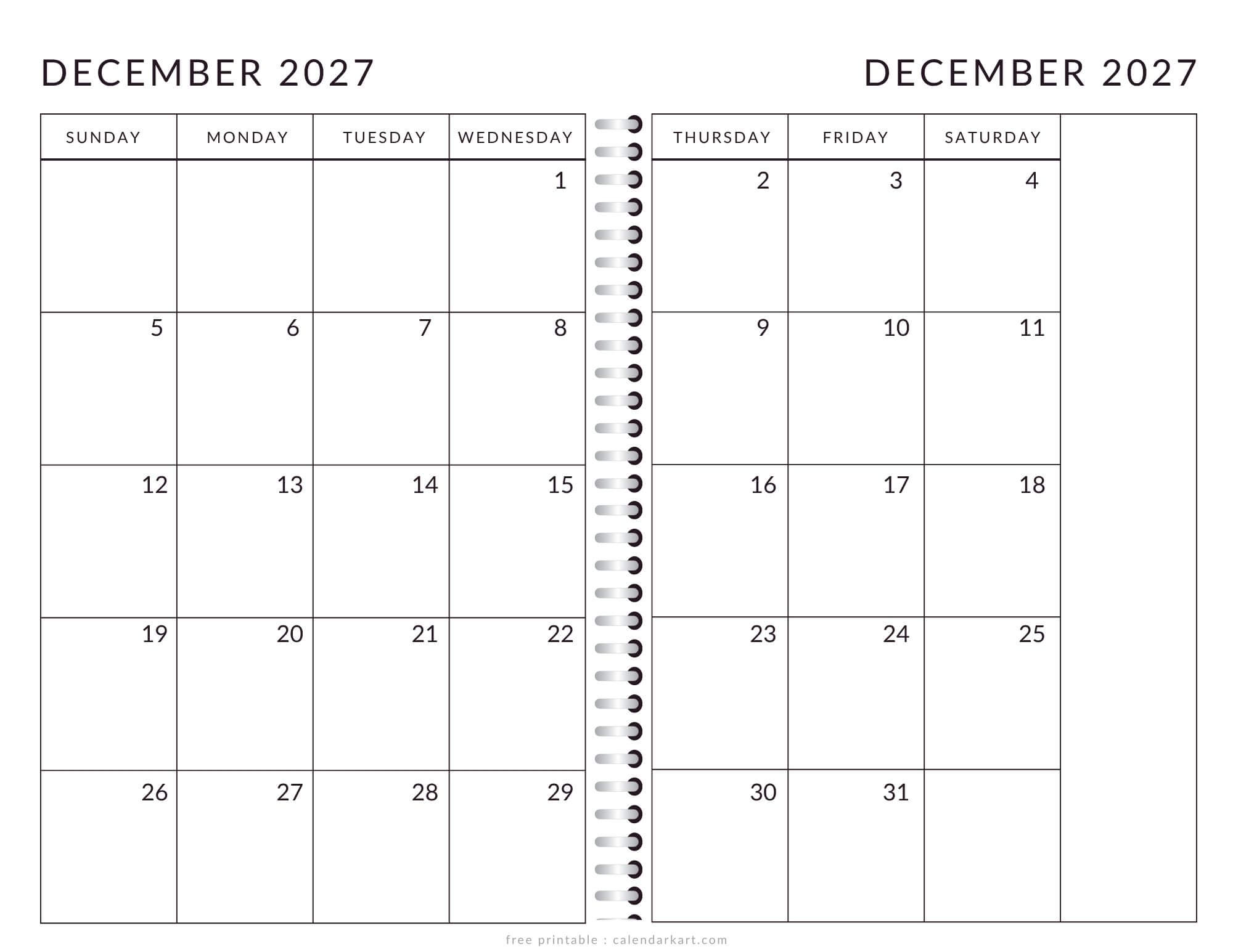 Printable December 2027 Calendar 2 Page Monthly