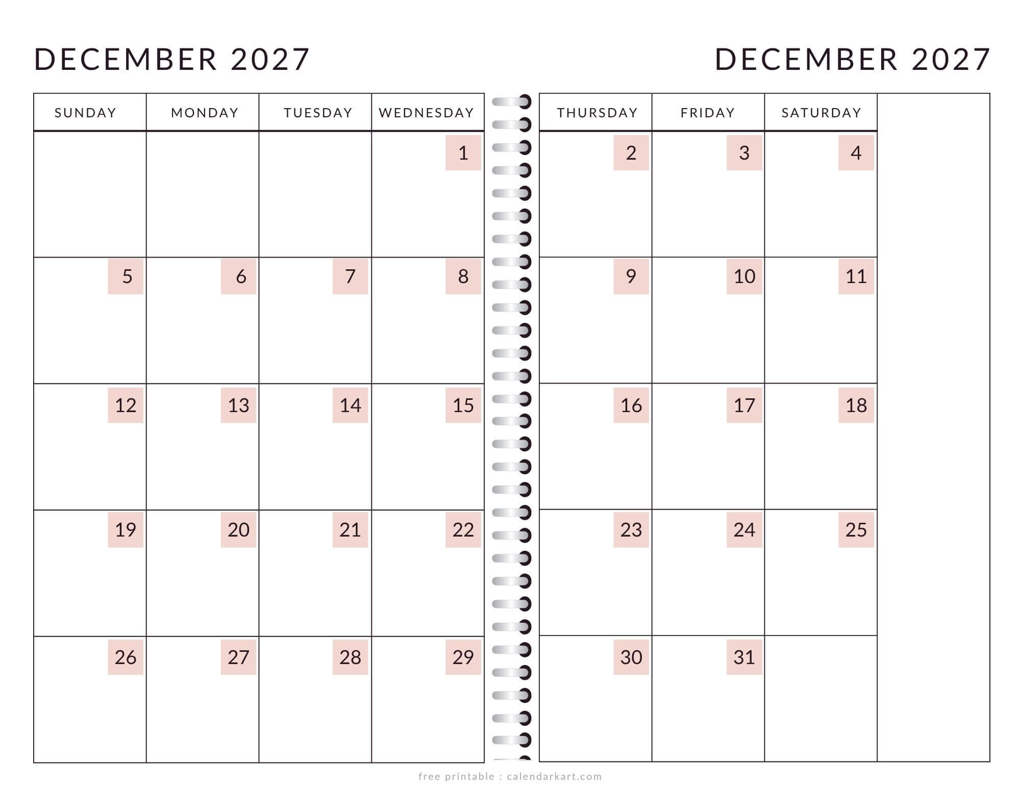 Printable December 2027 Calendar 2 Page Soft Pastel