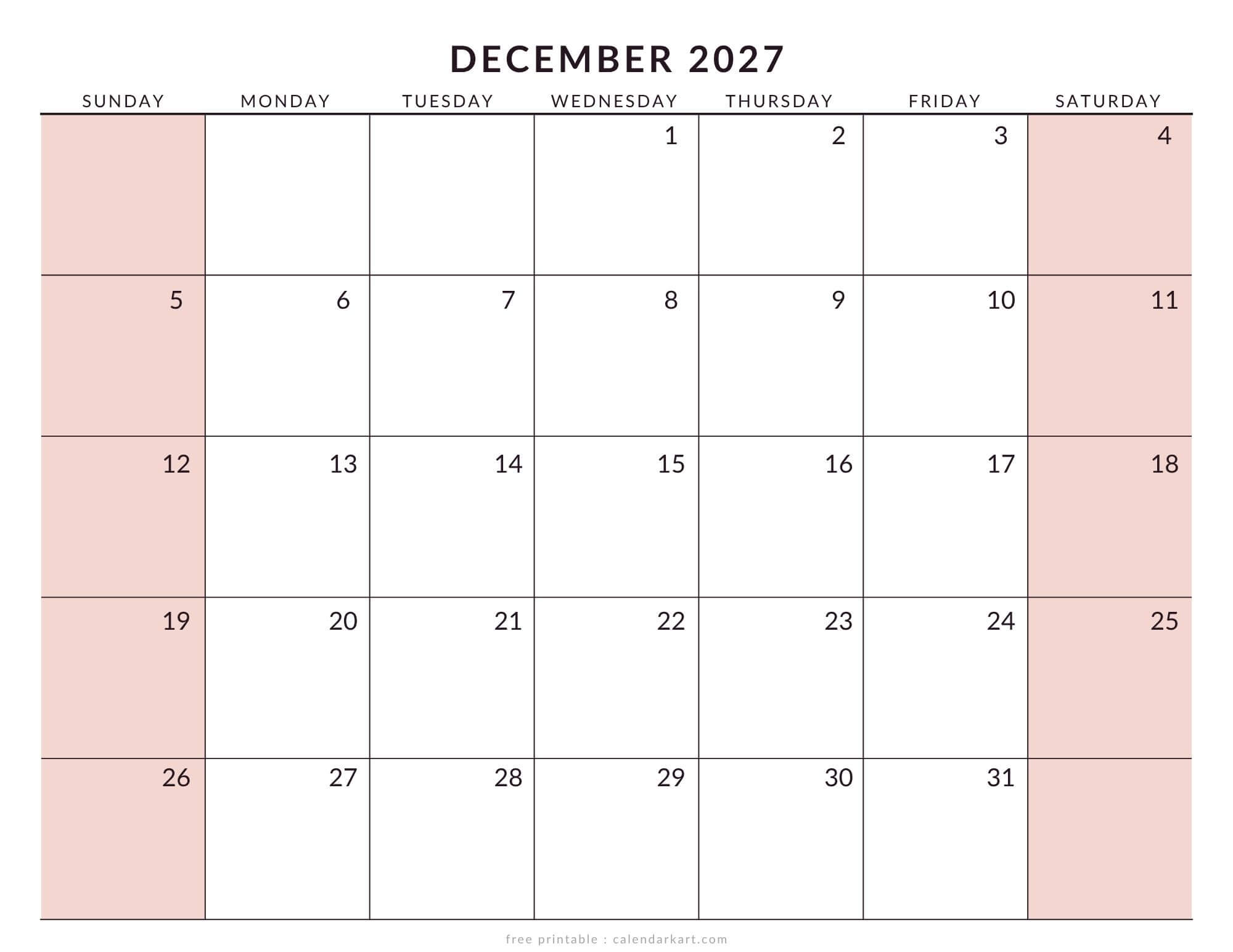 Printable December 2027 Calendar Large Size Soft Pastel