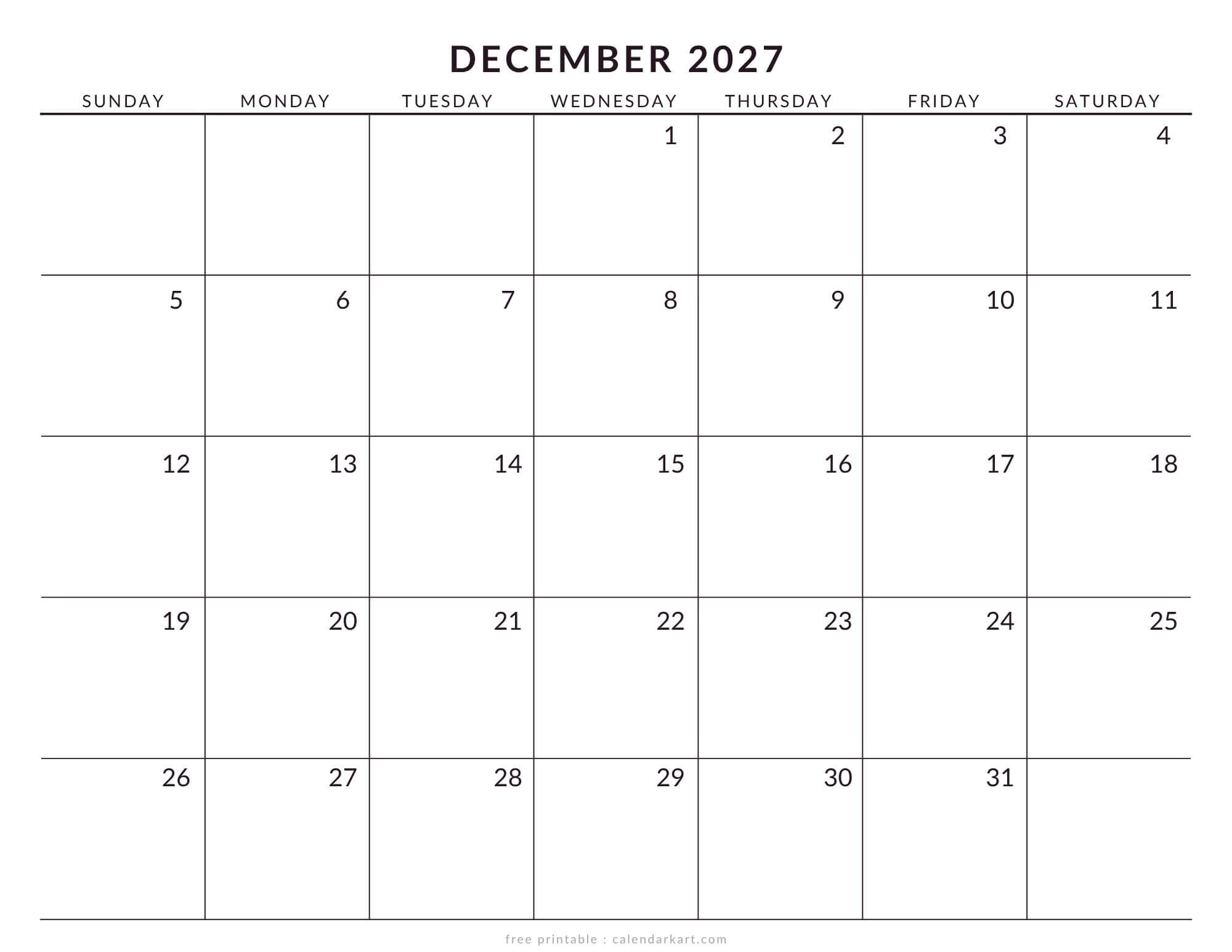 Printable December 2027 Calendar Large Size