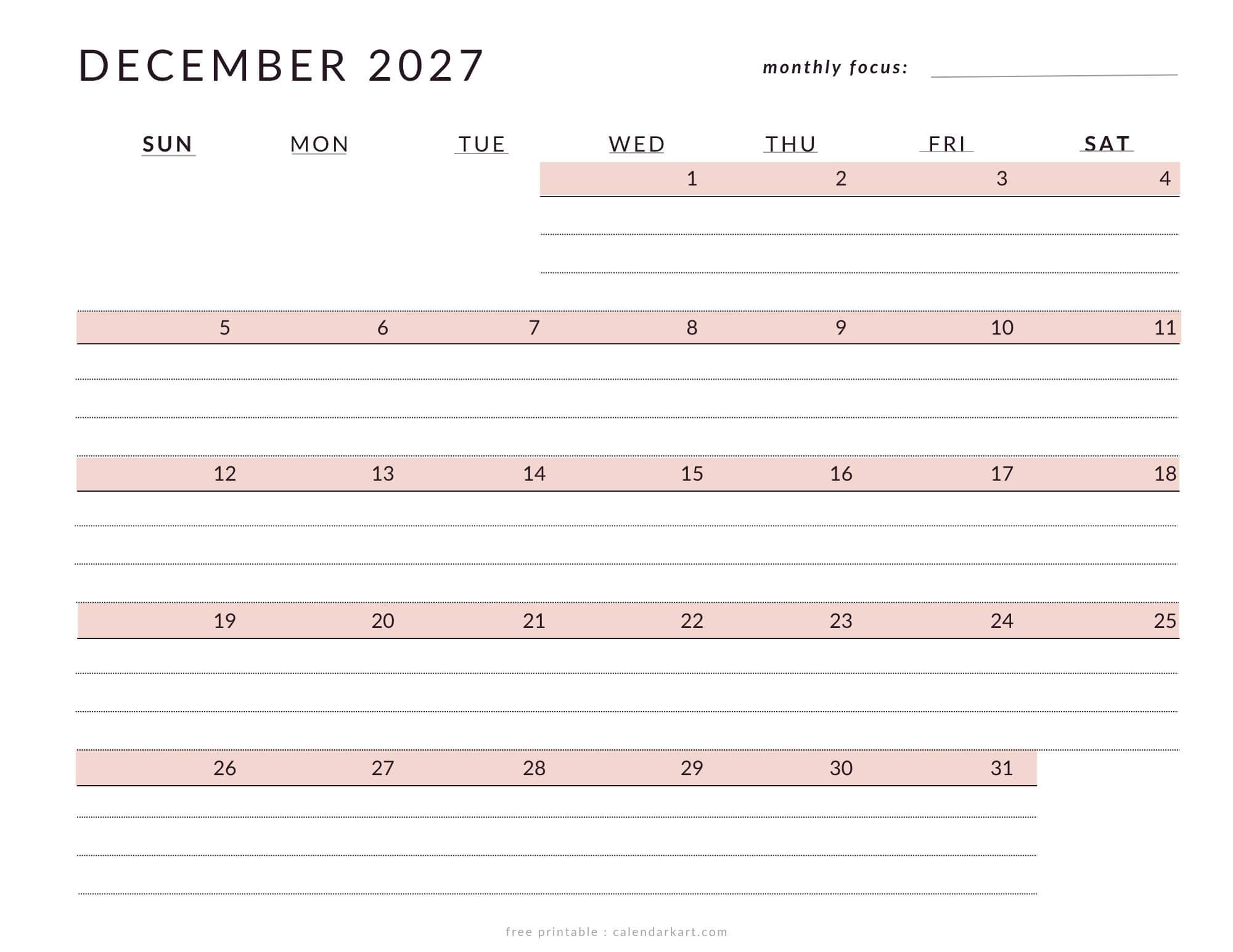 Printable December 2027 Calendar Lined soft Pastel